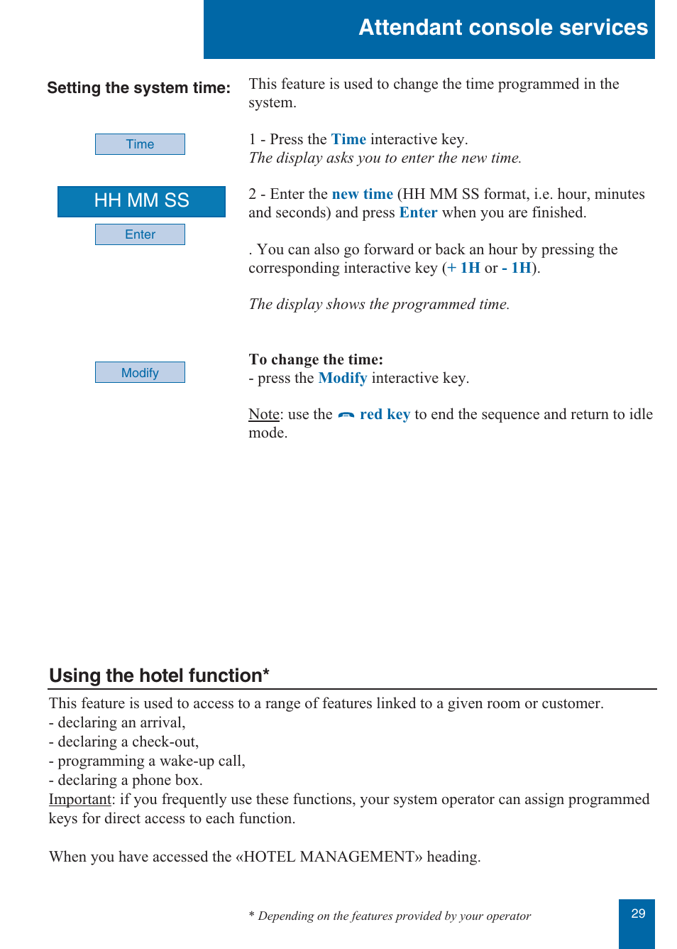 Attendant console services, Using the hotel function, Hh mm ss | Aastra Telecom M760E User Manual | Page 35 / 60