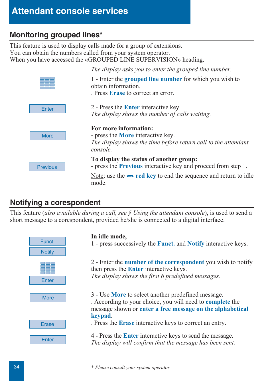 Attendant console services, Notifying a corespondent, Monitoring grouped lines | Aastra Telecom M760E User Manual | Page 40 / 60