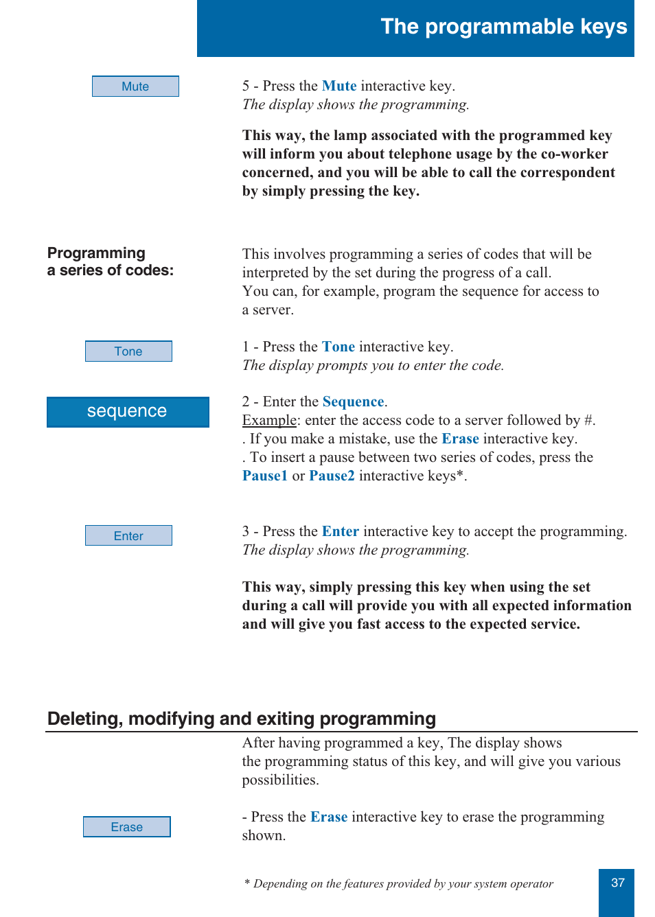 The programmable keys, Sequence, Deleting, modifying and exiting programming | Aastra Telecom M760E User Manual | Page 43 / 60