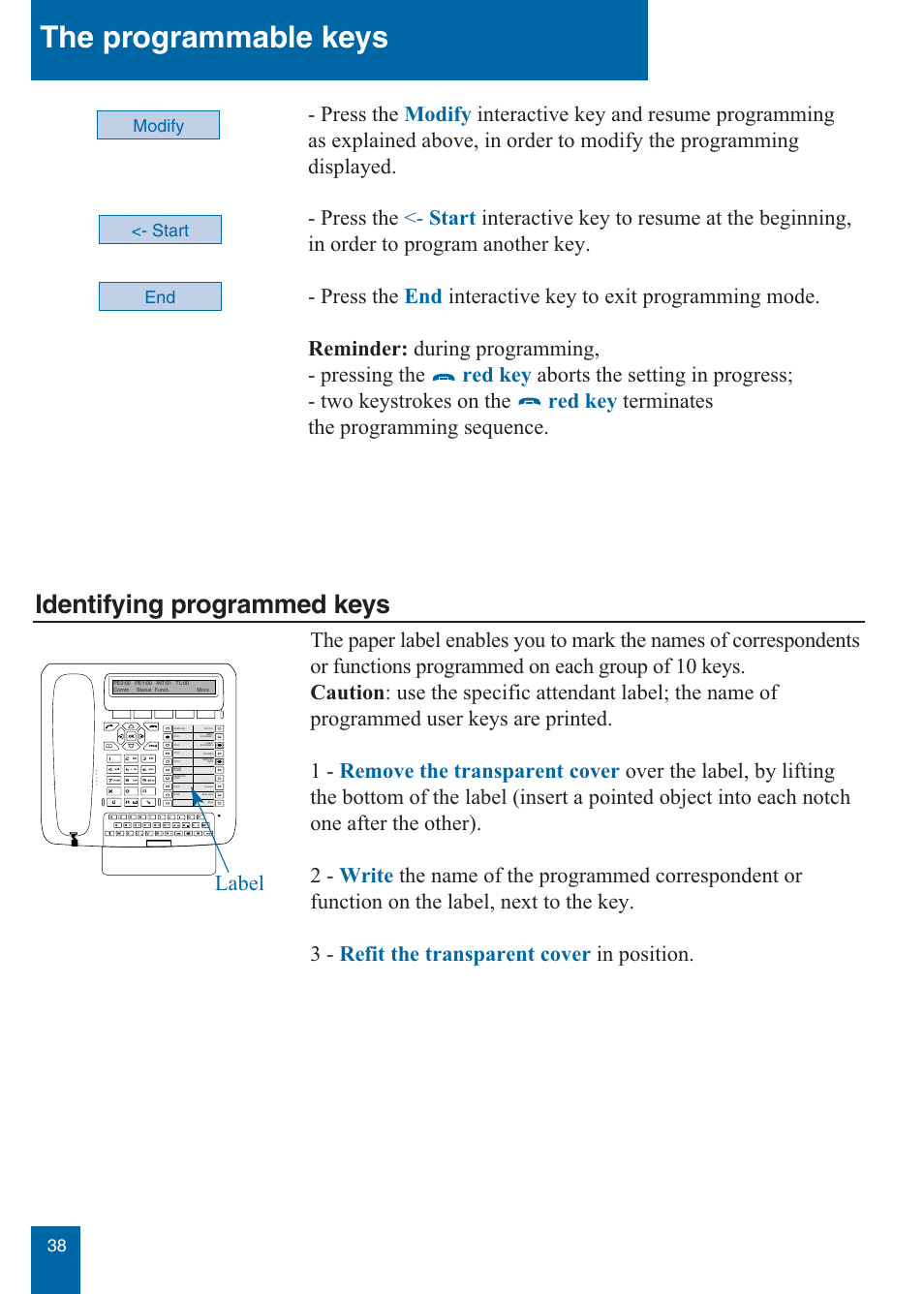 The programmable keys, Identifying programmed keys, Label | Aastra Telecom M760E User Manual | Page 44 / 60