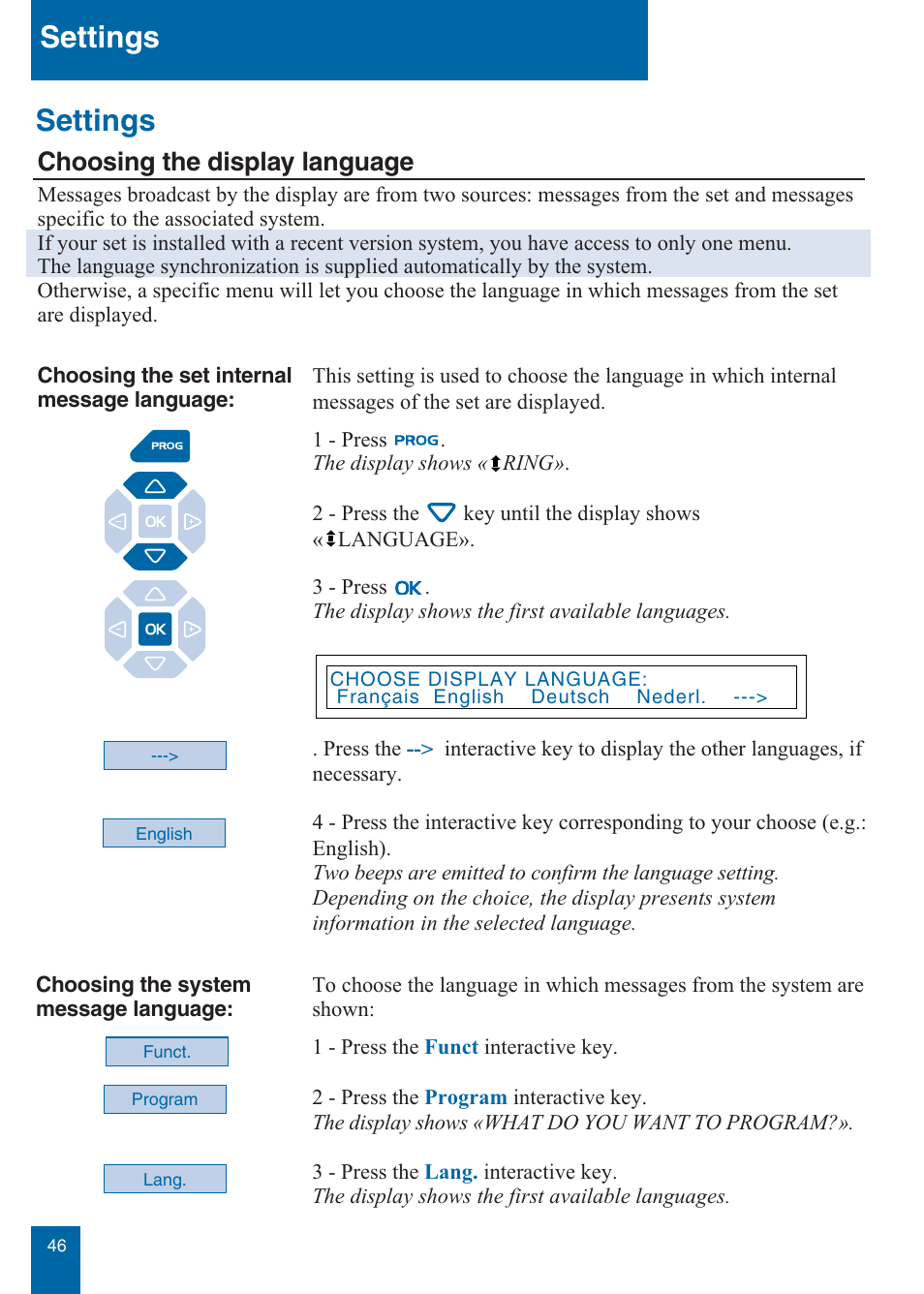 Settings, Choosing the display language | Aastra Telecom M760E User Manual | Page 52 / 60