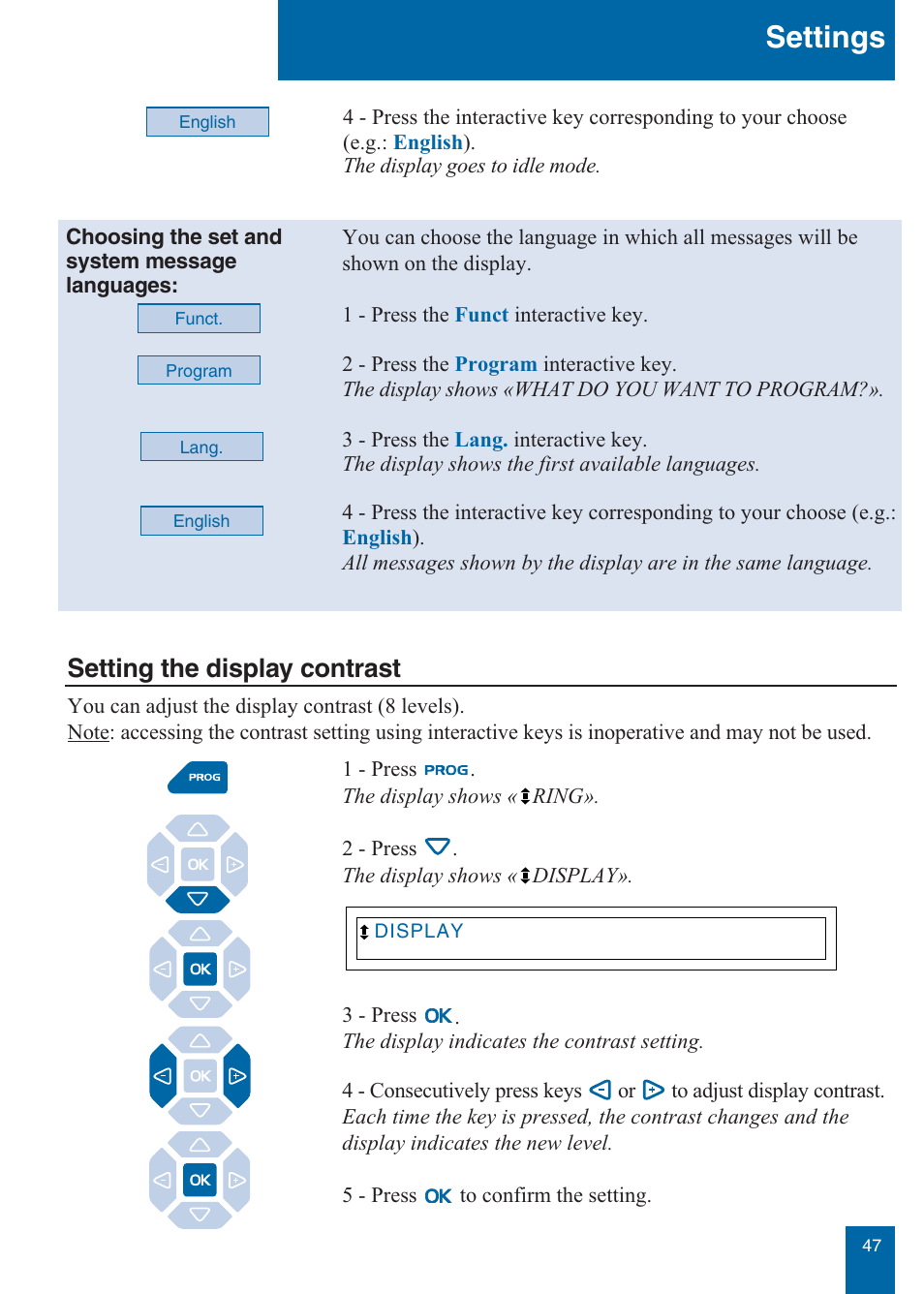 Settings, Setting the display contrast | Aastra Telecom M760E User Manual | Page 53 / 60