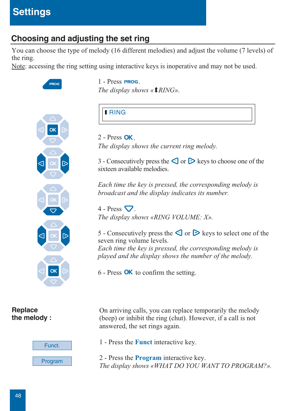 Settings, Choosing and adjusting the set ring | Aastra Telecom M760E User Manual | Page 54 / 60