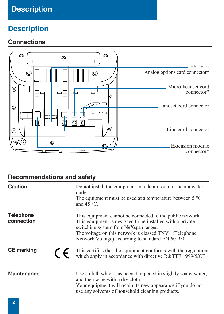 Description, Connections, Recommendations and safety | Aastra Telecom M760E User Manual | Page 8 / 60