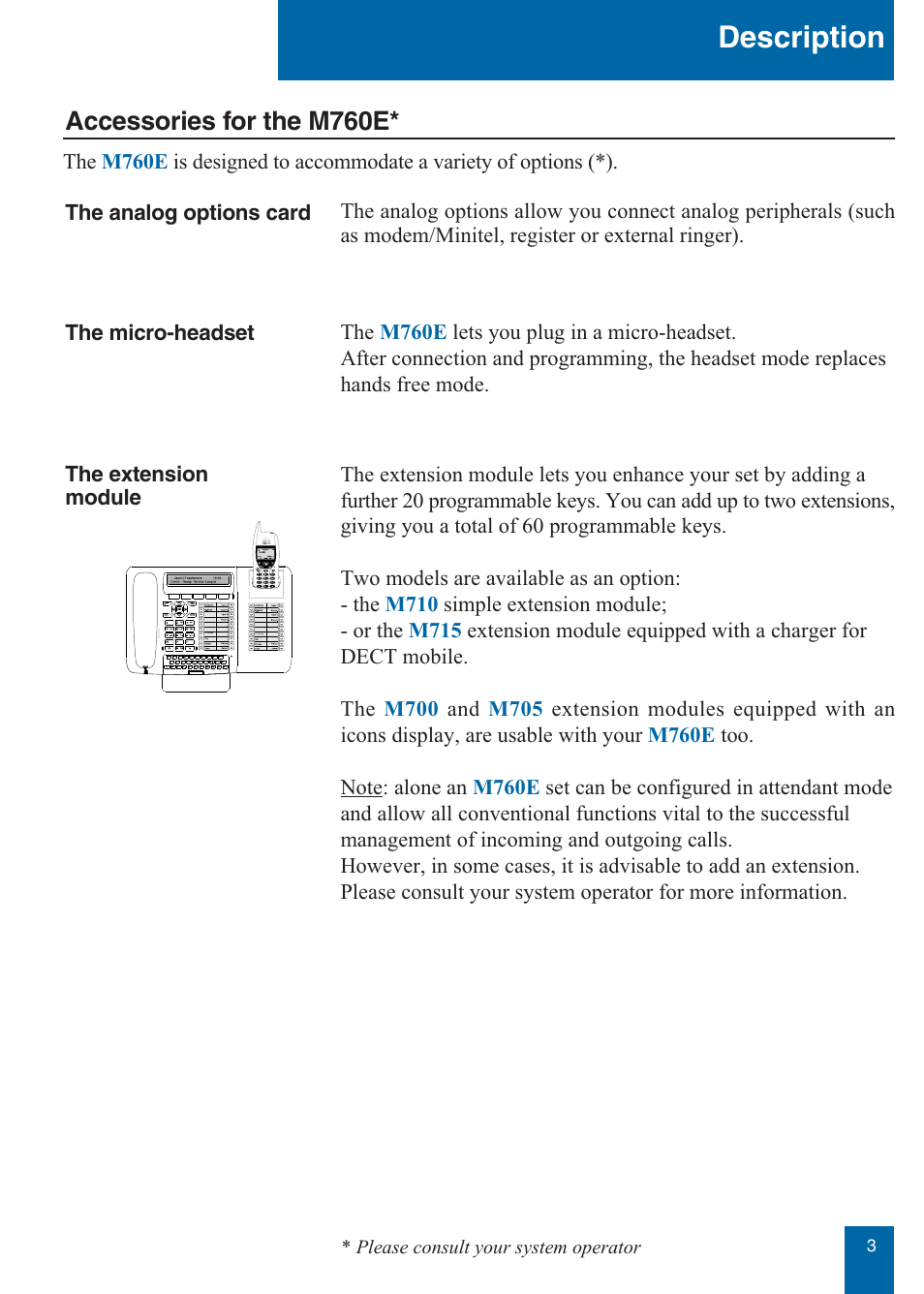 Description, Accessories for the m760e | Aastra Telecom M760E User Manual | Page 9 / 60
