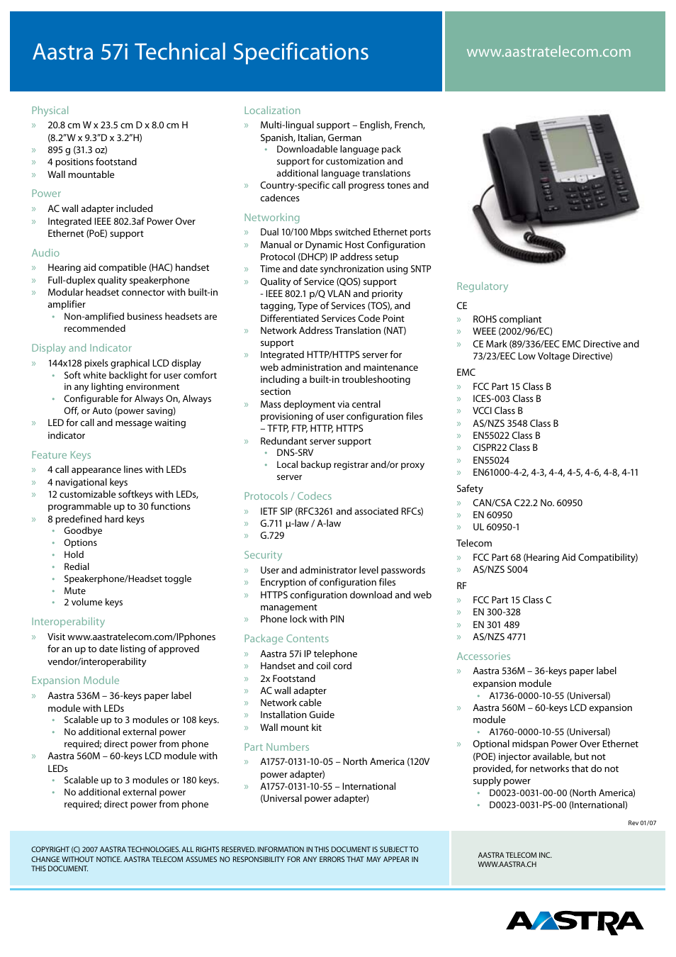 Aastra 57i technical specifications | Aastra Telecom 57I User Manual | Page 2 / 2