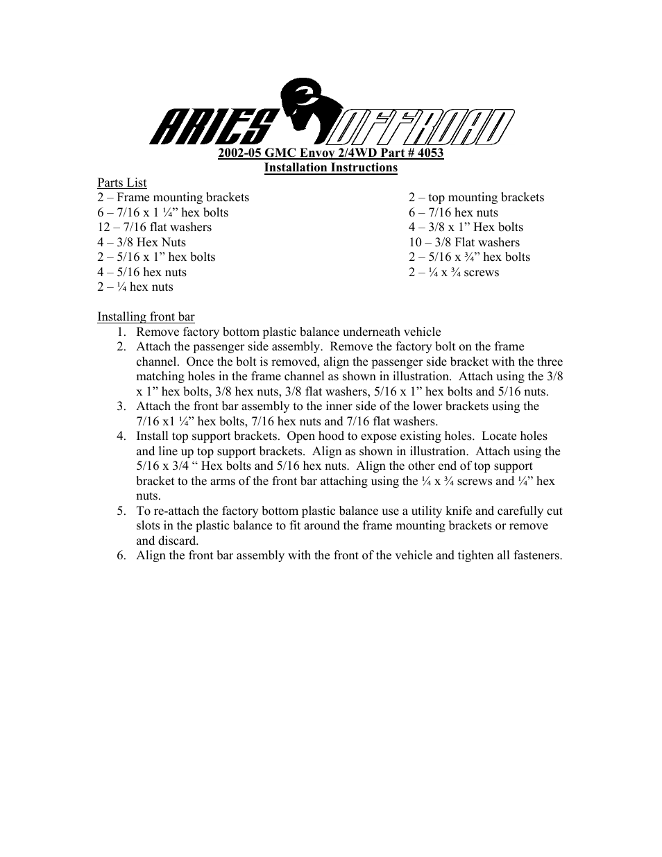 Aries Automotive 4053 User Manual | 2 pages
