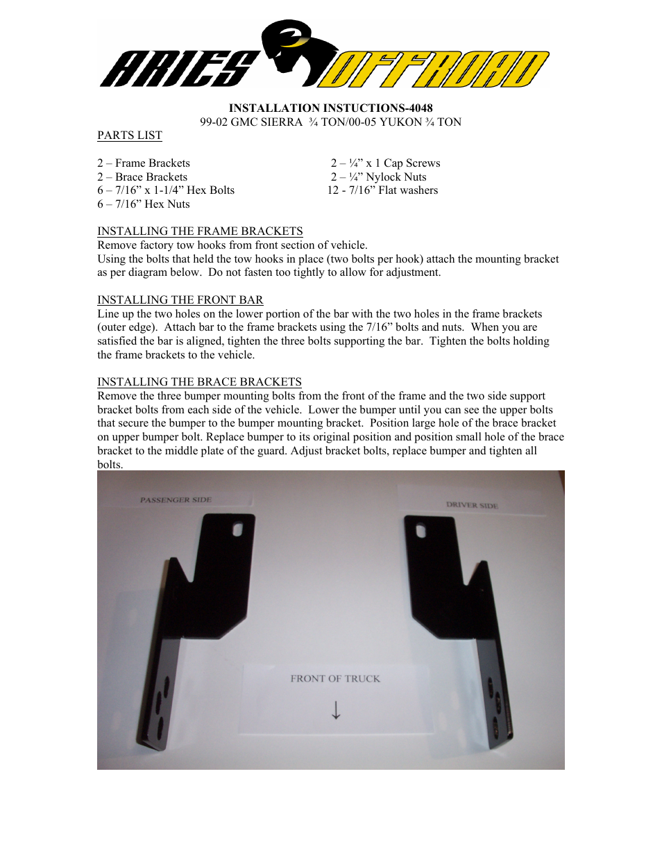 Aries Automotive 4048 User Manual | 1 page