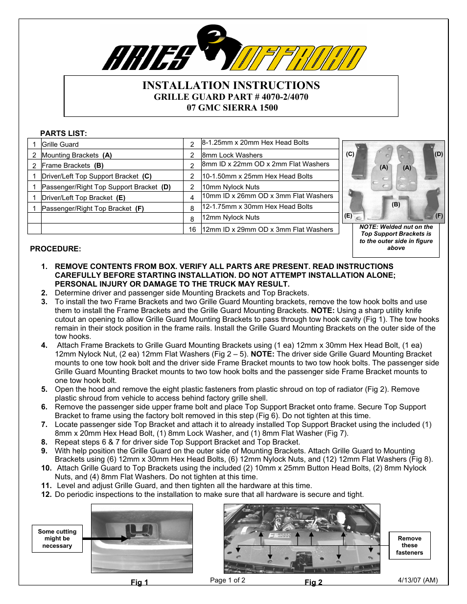 Aries Automotive 4070-2 User Manual | 2 pages