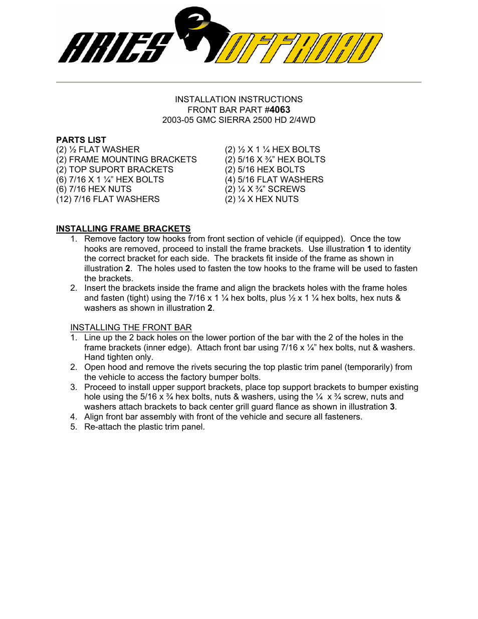 Aries Automotive 4063 User Manual | 2 pages