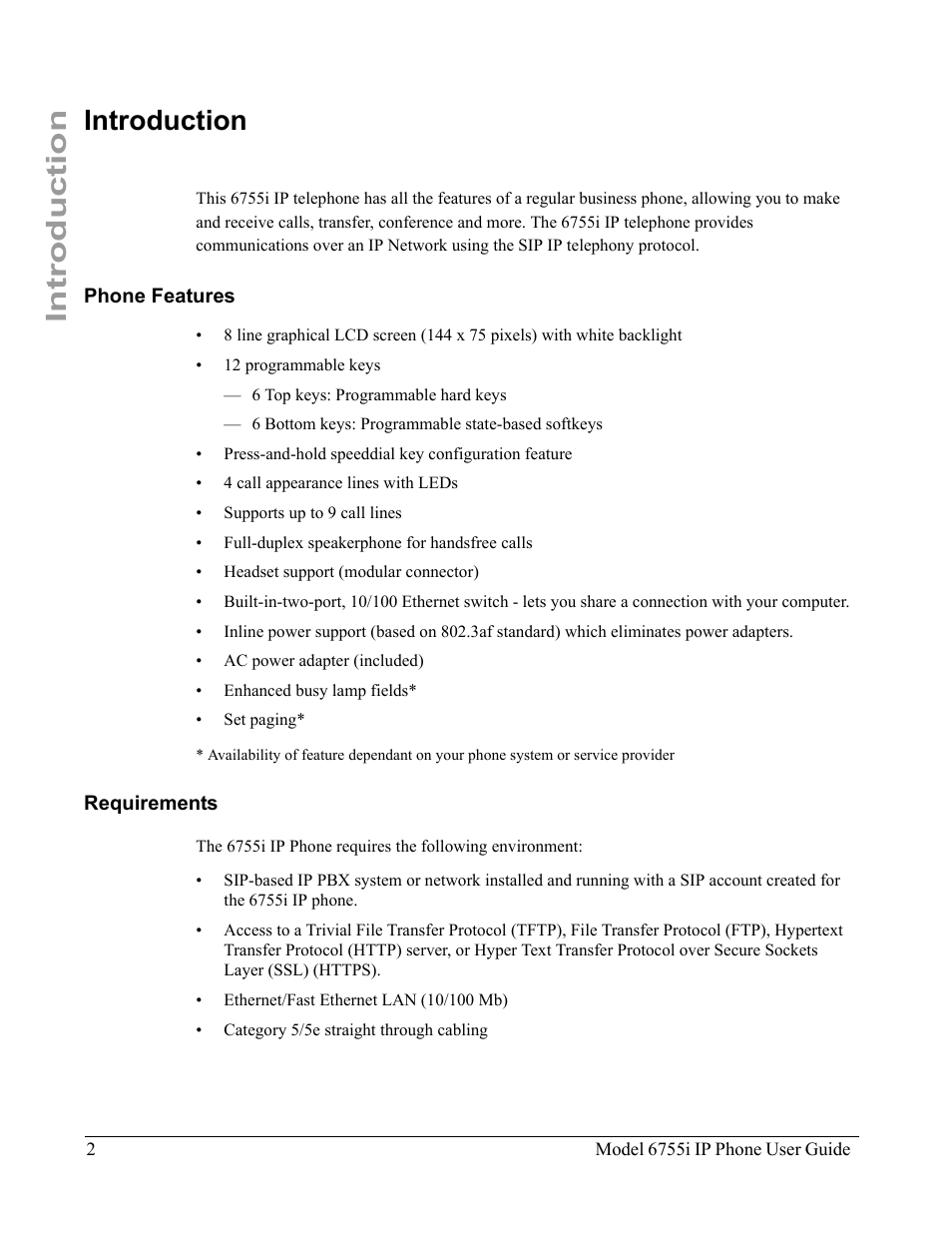 Introduction, Phone features, Requirements | Phone features requirements | Aastra Telecom 6755i User Manual | Page 10 / 276