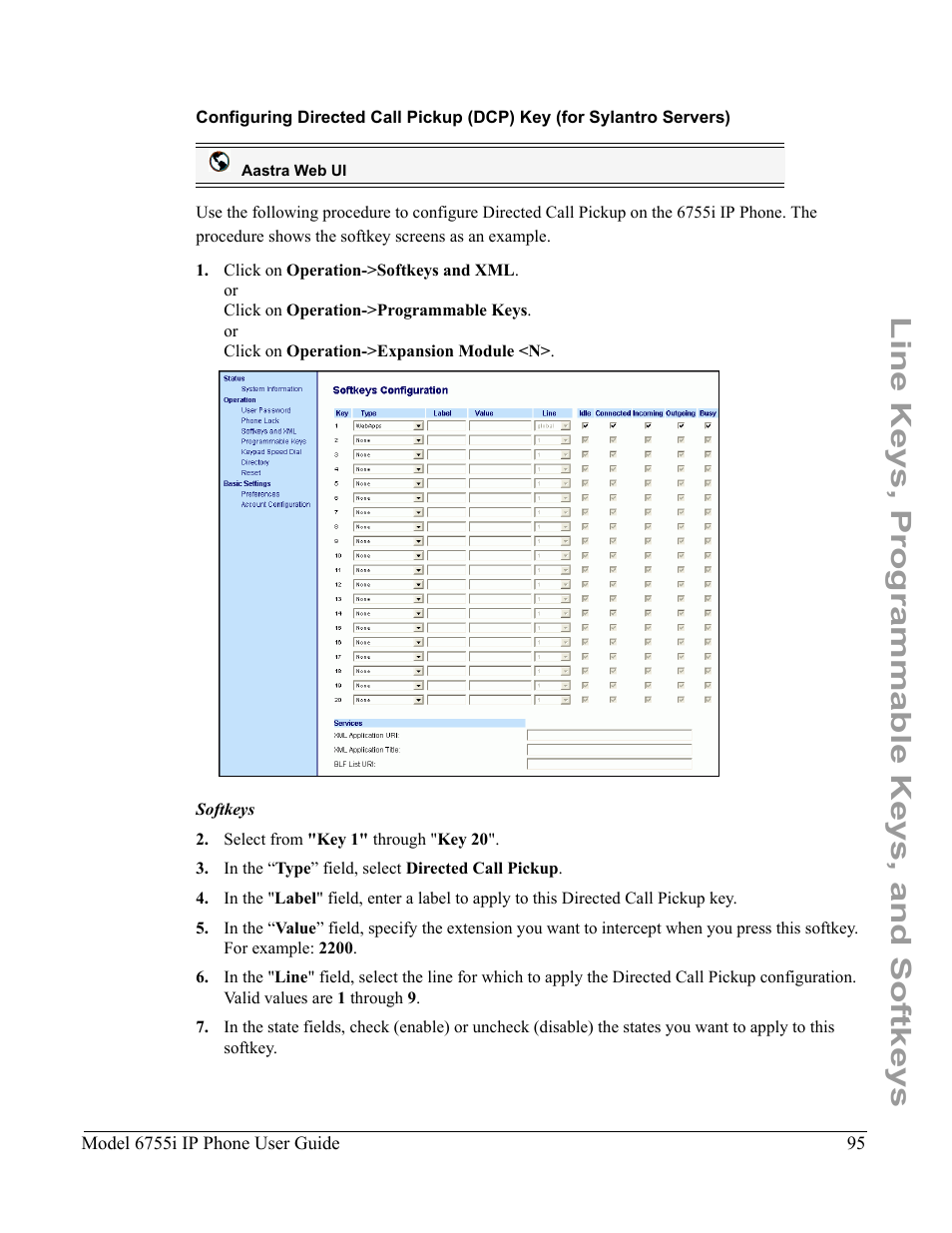 Line keys, programmable keys, and softkeys | Aastra Telecom 6755i User Manual | Page 103 / 276