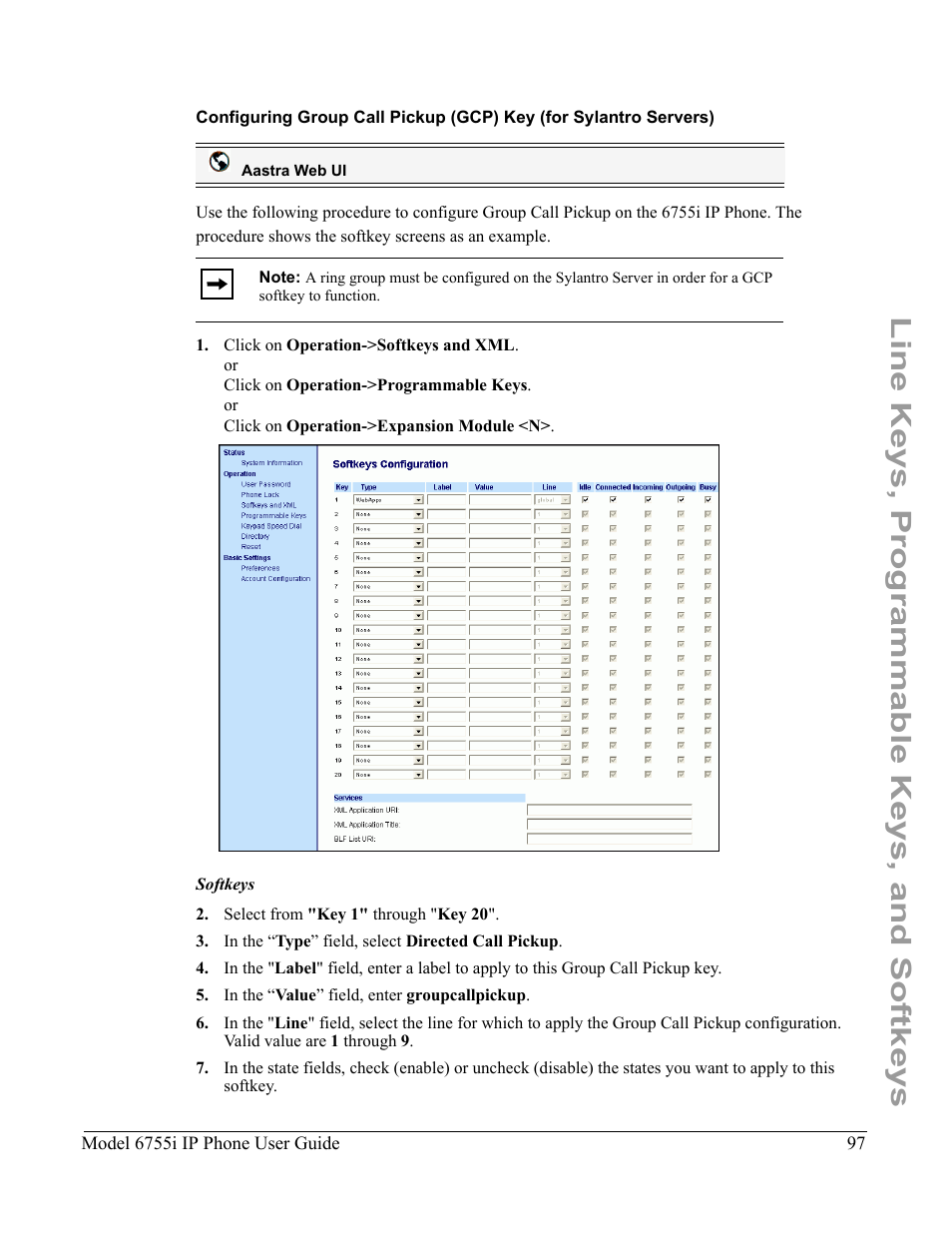Line keys, programmable keys, and softkeys | Aastra Telecom 6755i User Manual | Page 105 / 276