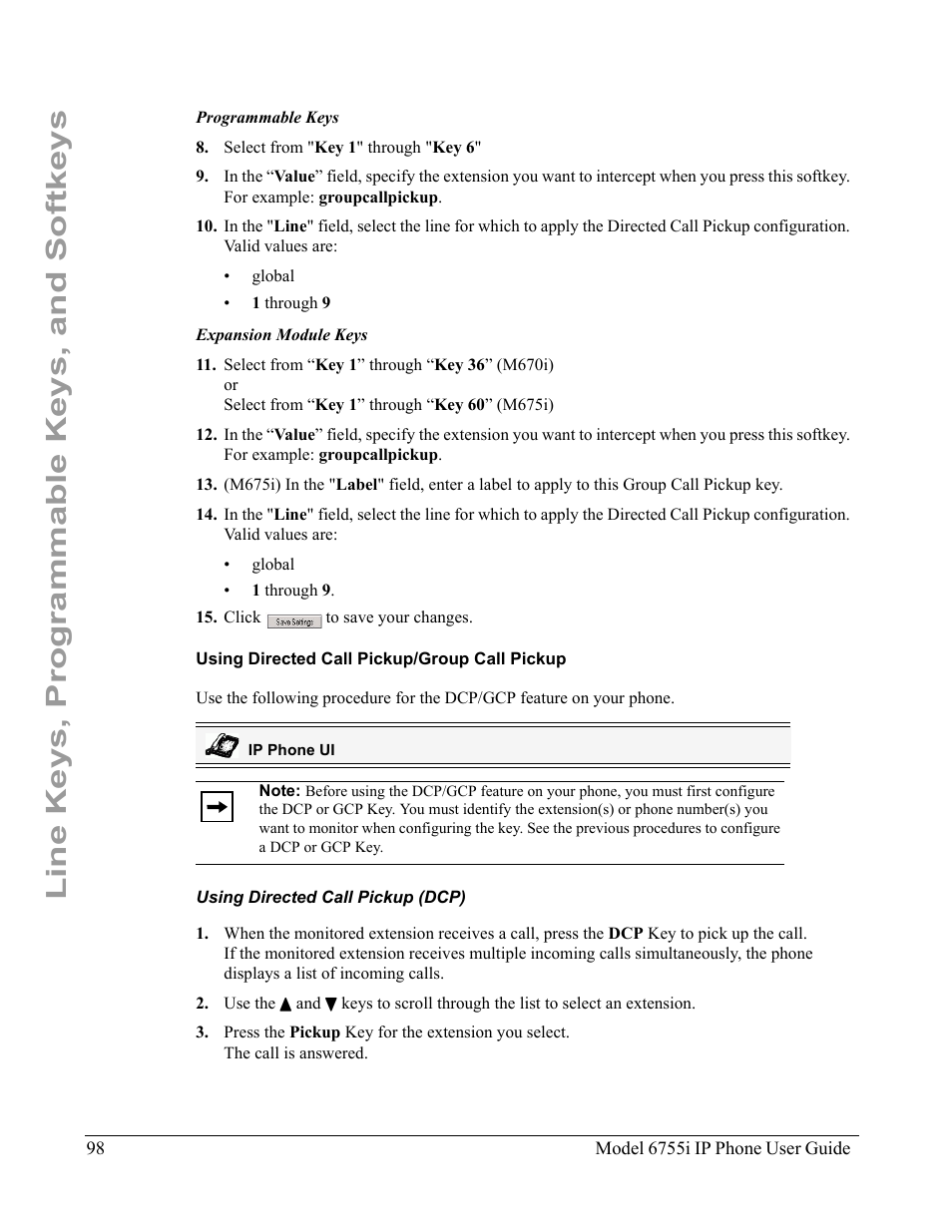 Using directed call pickup/group call pickup, Using directed call pickup (dcp), Line keys, programmable keys, and softkeys | Aastra Telecom 6755i User Manual | Page 106 / 276