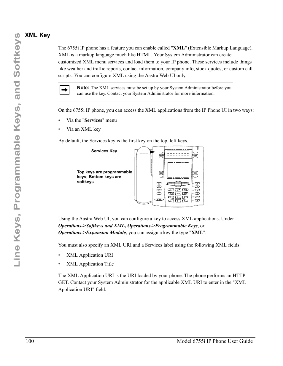 Xml key, Line keys, programmable keys, and softkeys | Aastra Telecom 6755i User Manual | Page 108 / 276