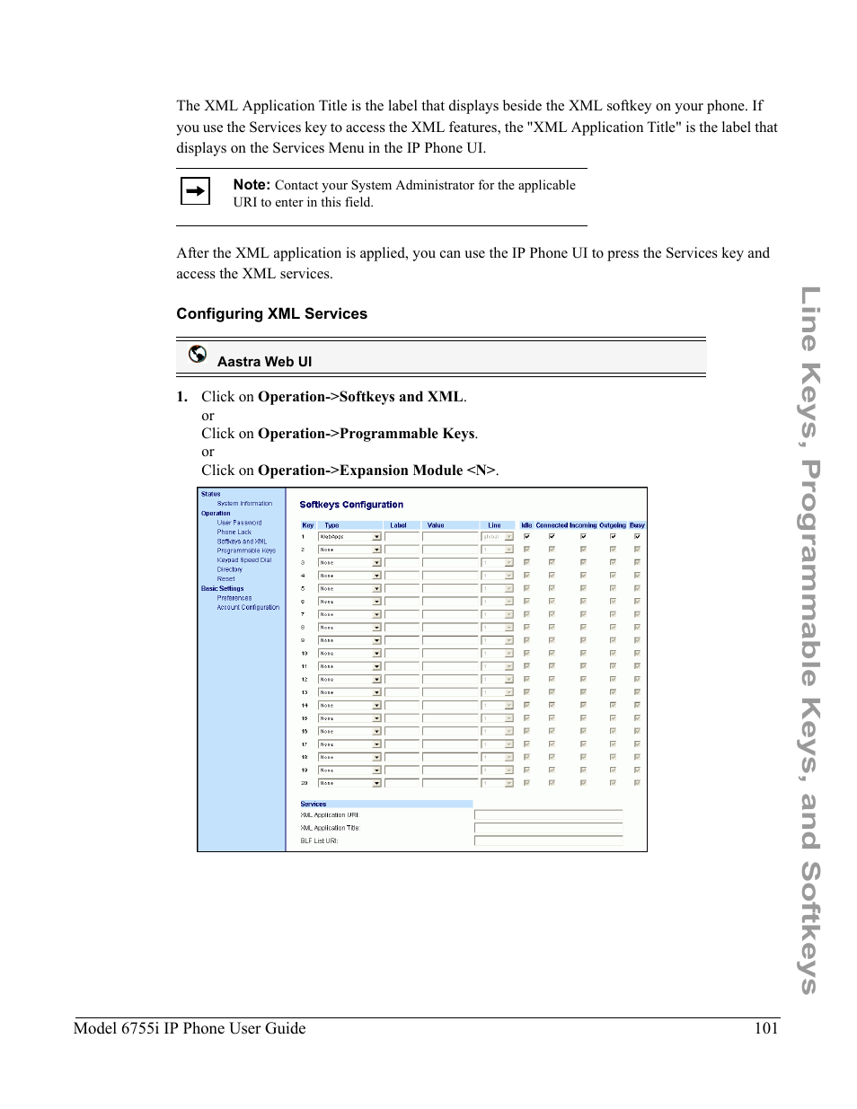 Configuring xml services, Line keys, programmable keys, and softkeys | Aastra Telecom 6755i User Manual | Page 109 / 276
