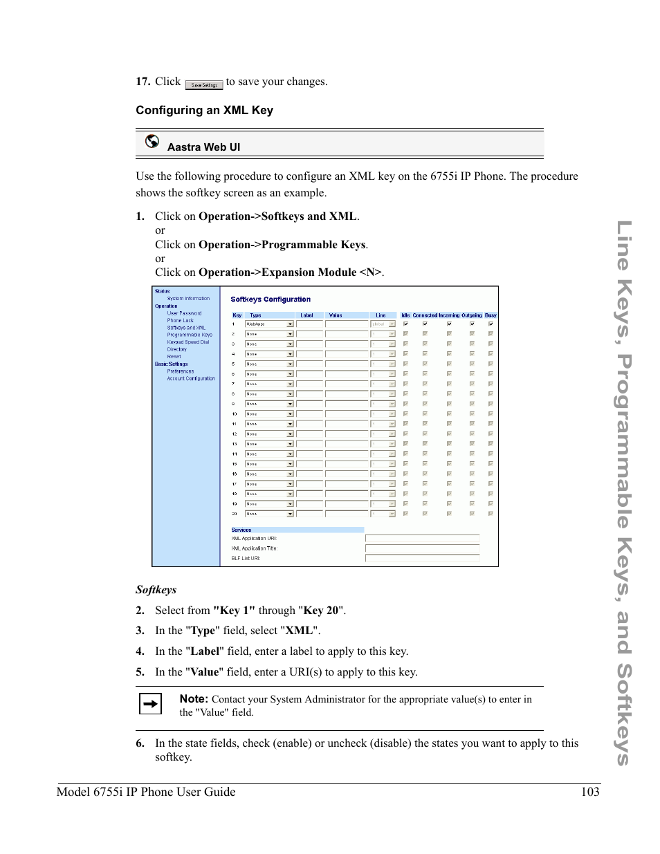 Configuring an xml key, Line keys, programmable keys, and softkeys | Aastra Telecom 6755i User Manual | Page 111 / 276