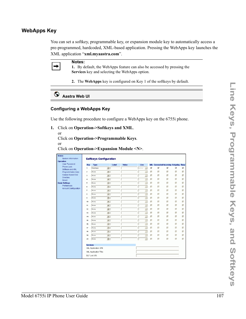 Webapps key, Configuring a webapps key, Line keys, programmable keys, and softkeys | Aastra Telecom 6755i User Manual | Page 115 / 276