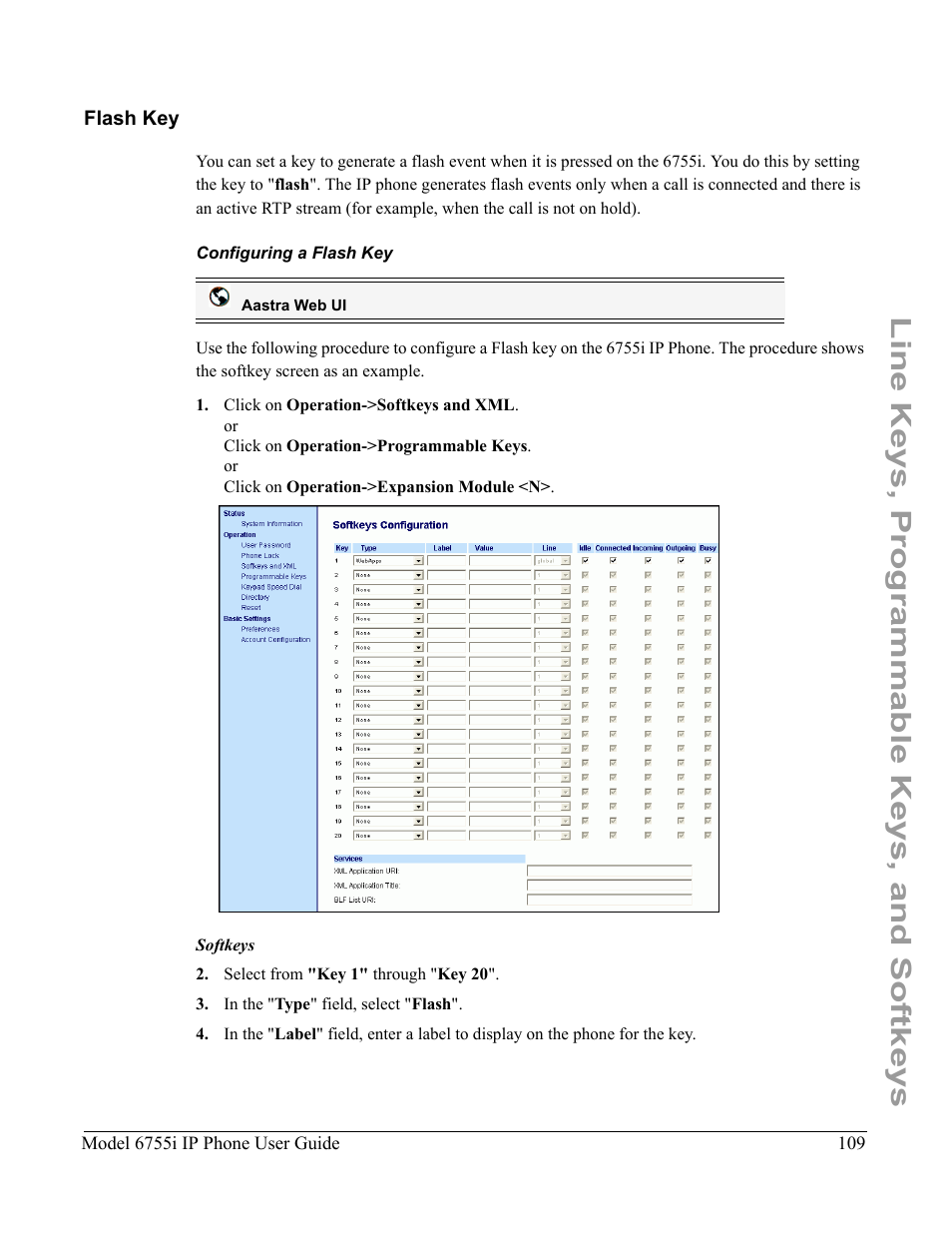 Flash key, Configuring a flash key, Line keys, programmable keys, and softkeys | Aastra Telecom 6755i User Manual | Page 117 / 276