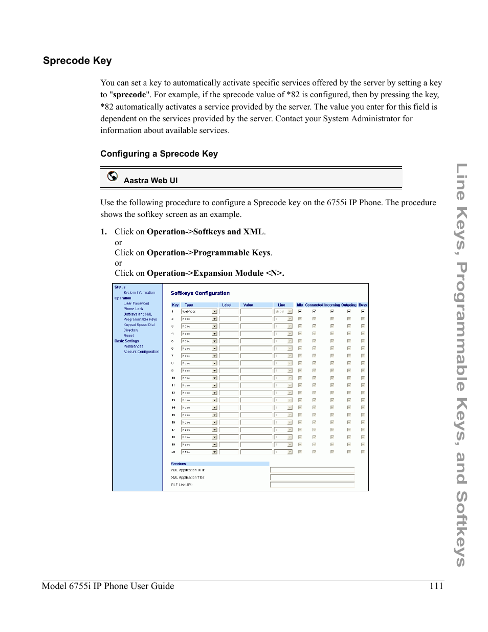 Sprecode key, Configuring a sprecode key, Line keys, programmable keys, and softkeys | Aastra Telecom 6755i User Manual | Page 119 / 276