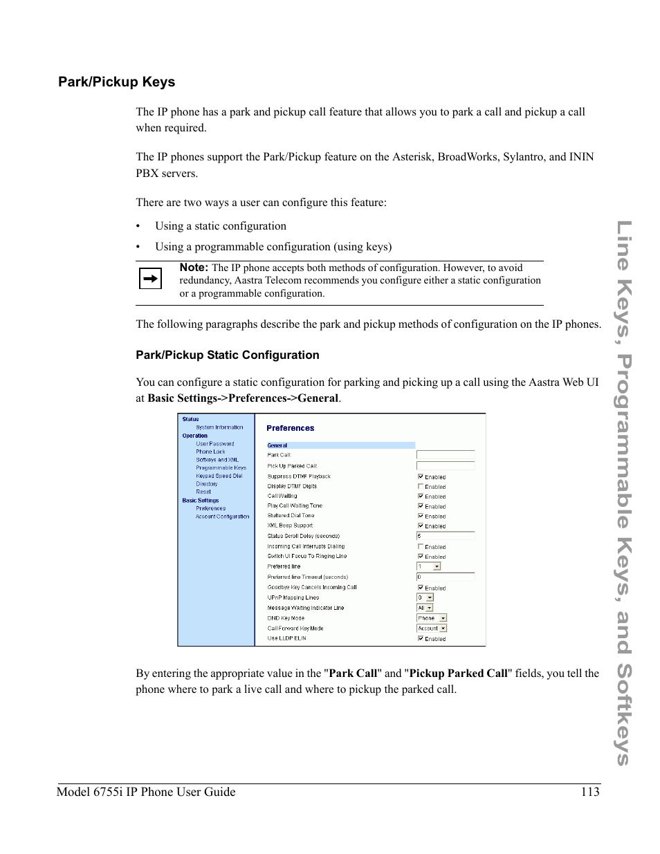 Park/pickup keys, Park/pickup static configuration, Line keys, programmable keys, and softkeys | Aastra Telecom 6755i User Manual | Page 121 / 276