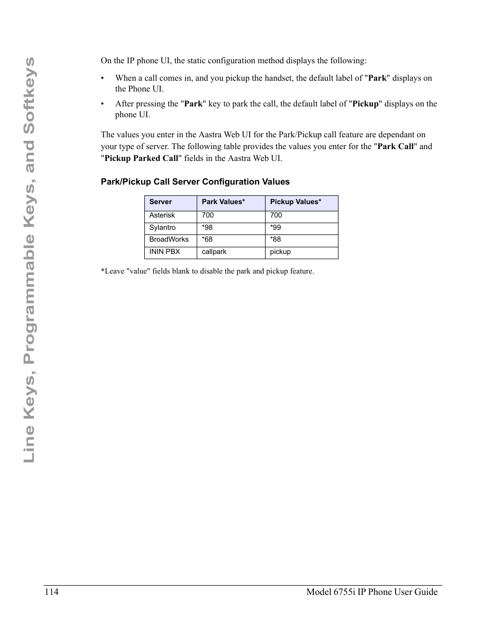 Park/pickup call server configuration values, Line keys, programmable keys, and softkeys | Aastra Telecom 6755i User Manual | Page 122 / 276