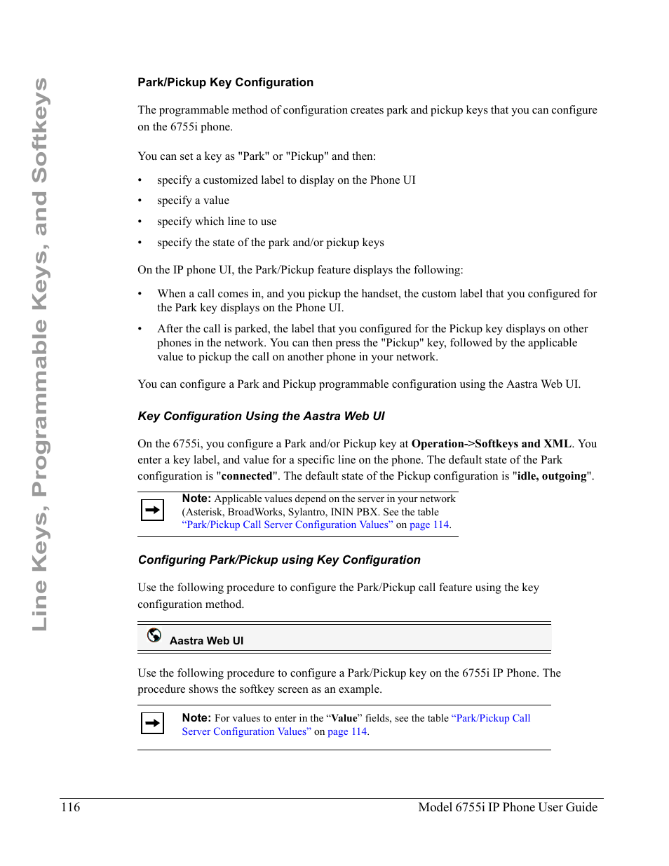 Park/pickup key configuration, Key configuration using the aastra web ui, Configuring park/pickup using key configuration | Line keys, programmable keys, and softkeys | Aastra Telecom 6755i User Manual | Page 124 / 276