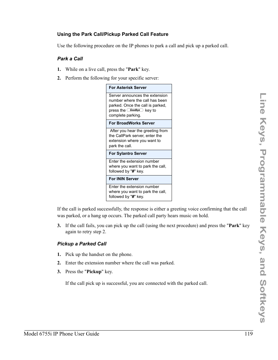 Using the park call/pickup parked call feature, Park a call, Pickup a parked call | Line keys, programmable keys, and softkeys | Aastra Telecom 6755i User Manual | Page 127 / 276