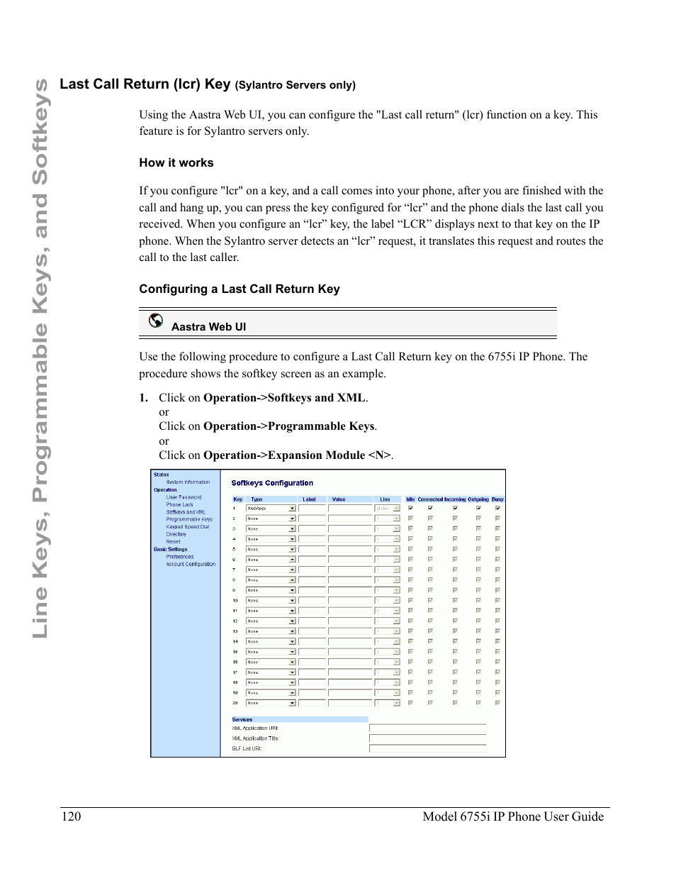 Last call return (lcr) key (sylantro servers only), How it works, Configuring a last call return key | Line keys, programmable keys, and softkeys | Aastra Telecom 6755i User Manual | Page 128 / 276