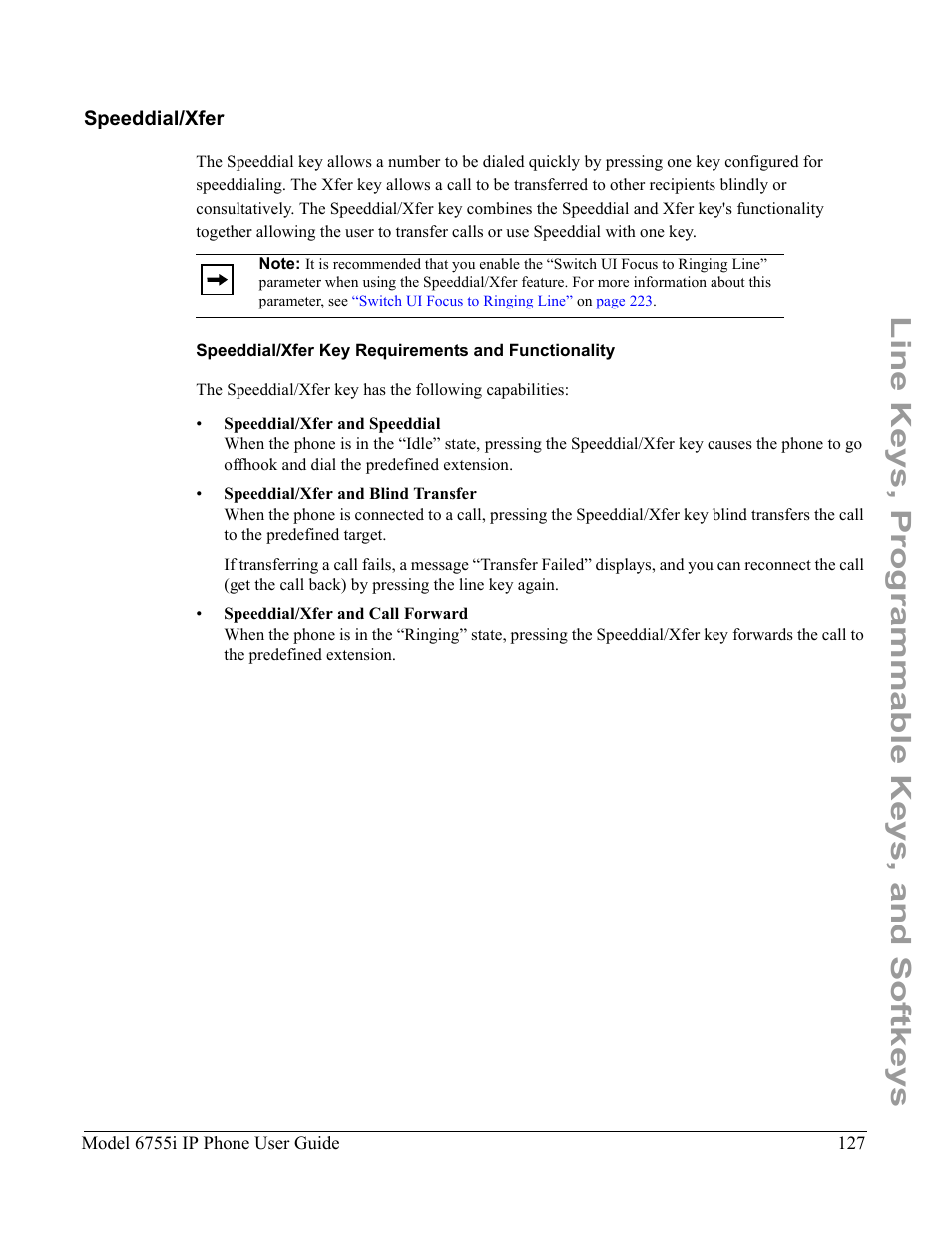 Speeddial/xfer, Speeddial/xfer key requirements and functionality, Line keys, programmable keys, and softkeys | Aastra Telecom 6755i User Manual | Page 135 / 276