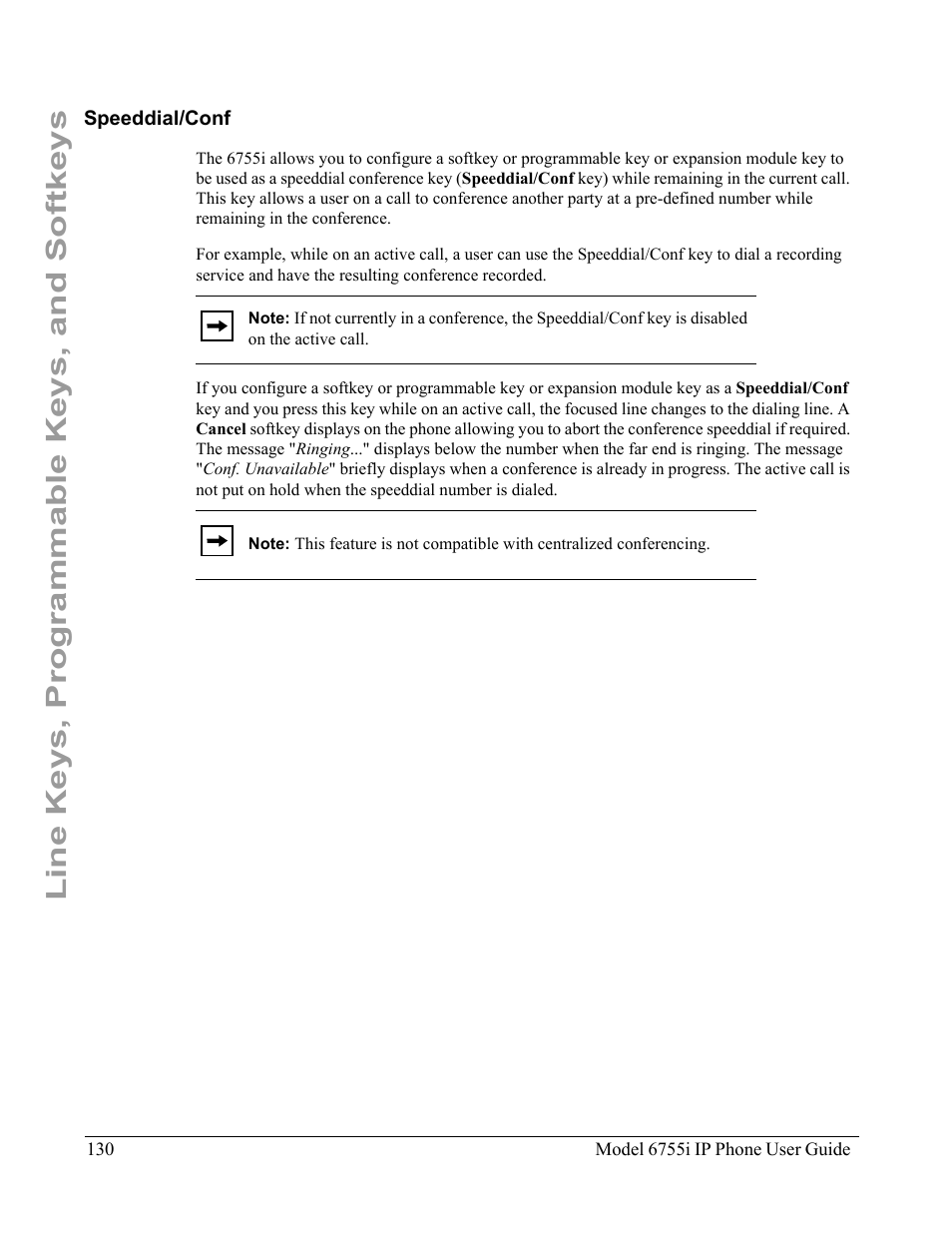 Speeddial/conf, Line keys, programmable keys, and softkeys | Aastra Telecom 6755i User Manual | Page 138 / 276