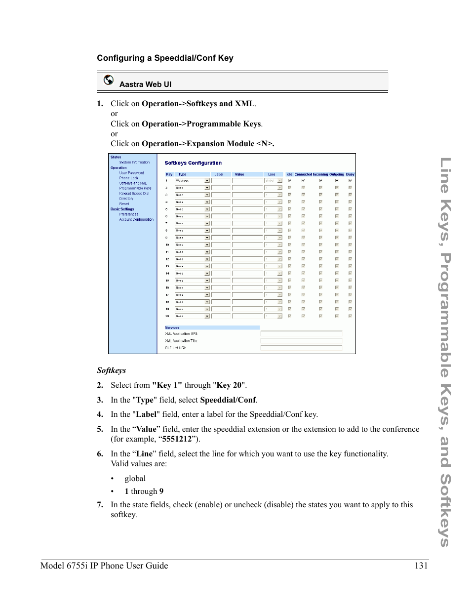 Configuring a speeddial/conf key, Line keys, programmable keys, and softkeys | Aastra Telecom 6755i User Manual | Page 139 / 276