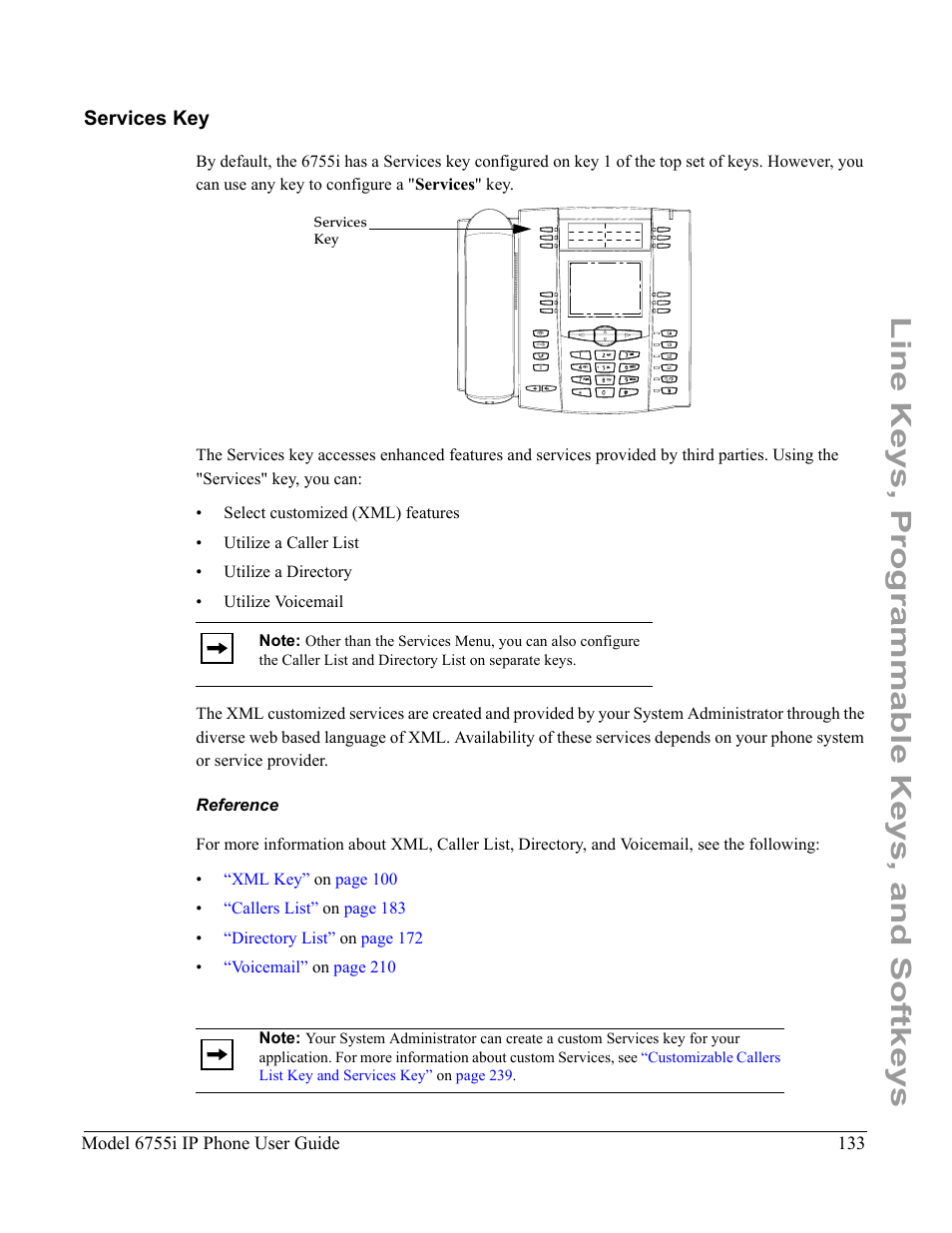 Services key, Reference, Line keys, programmable keys, and softkeys | Aastra Telecom 6755i User Manual | Page 141 / 276