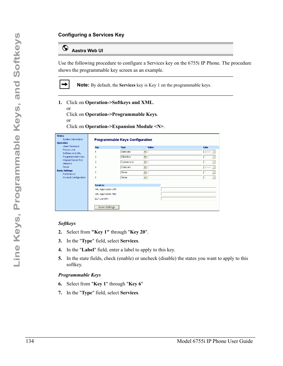 Configuring a services key, Line keys, programmable keys, and softkeys | Aastra Telecom 6755i User Manual | Page 142 / 276