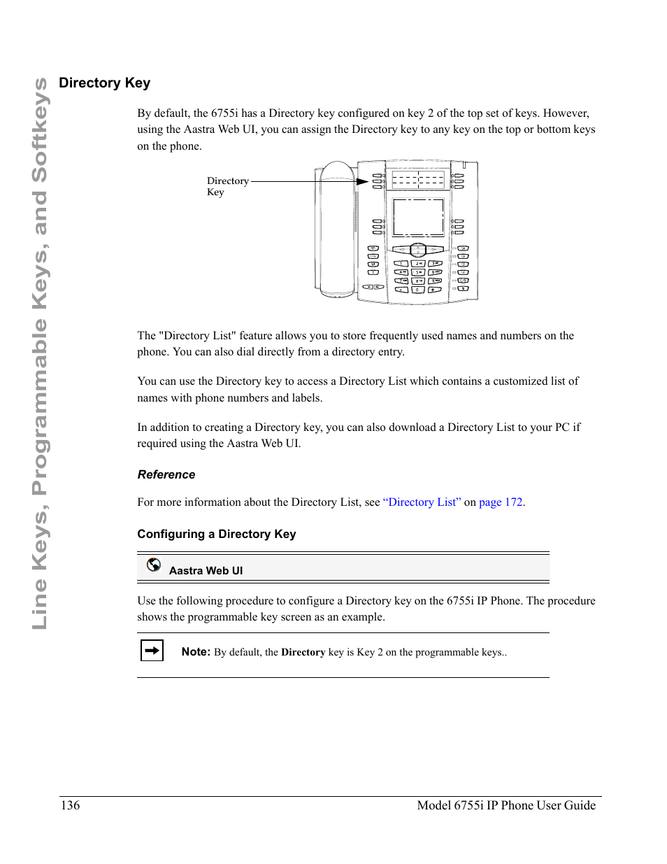 Directory key, Reference, Configuring a directory key | Line keys, programmable keys, and softkeys | Aastra Telecom 6755i User Manual | Page 144 / 276