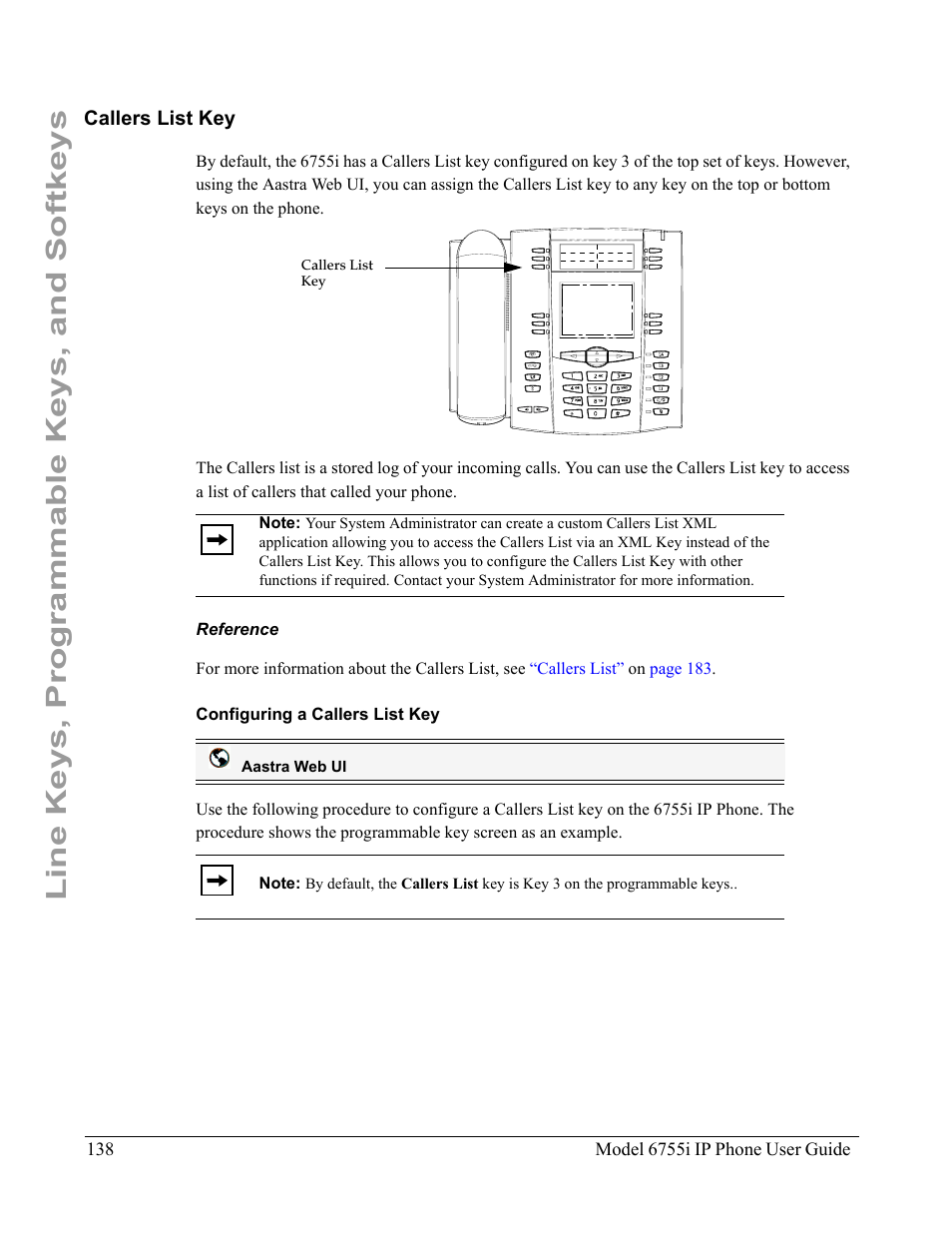 Callers list key, Reference, Configuring a callers list key | Line keys, programmable keys, and softkeys | Aastra Telecom 6755i User Manual | Page 146 / 276