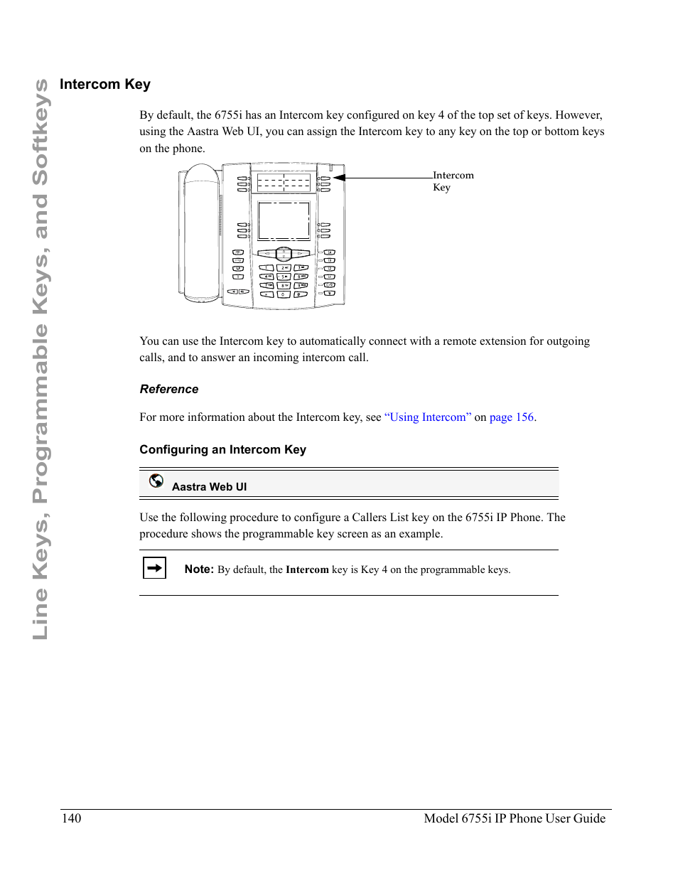 Intercom key, Reference, Configuring an intercom key | Line keys, programmable keys, and softkeys | Aastra Telecom 6755i User Manual | Page 148 / 276