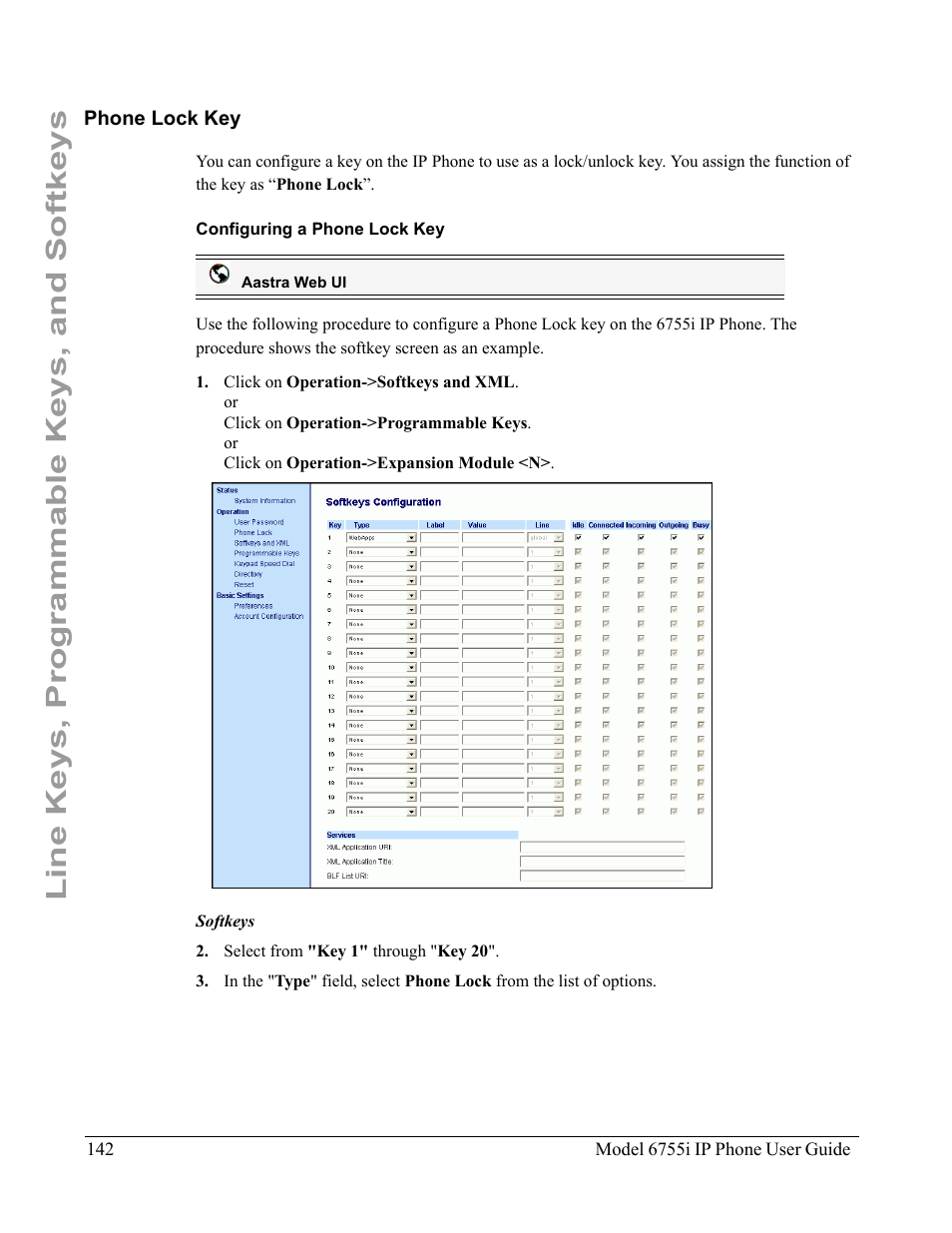Phone lock key, Configuring a phone lock key, Line keys, programmable keys, and softkeys | Aastra Telecom 6755i User Manual | Page 150 / 276