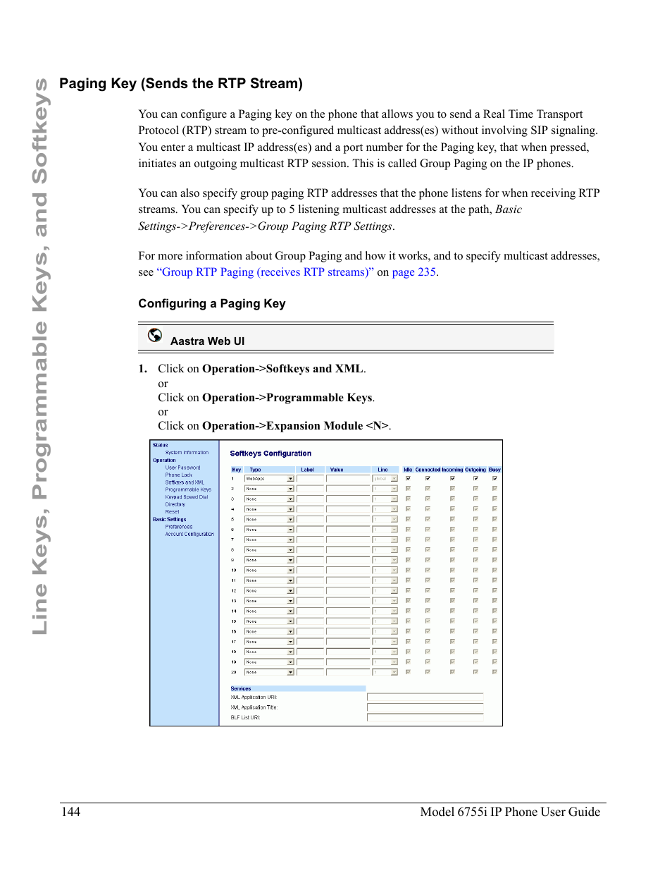 Paging key (sends the rtp stream), Configuring a paging key, Line keys, programmable keys, and softkeys | Aastra Telecom 6755i User Manual | Page 152 / 276