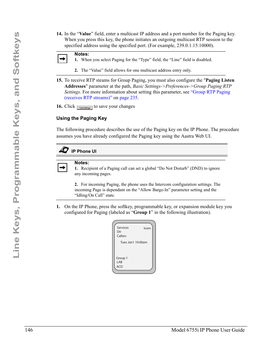 Using the paging key, Line keys, programmable keys, and softkeys | Aastra Telecom 6755i User Manual | Page 154 / 276
