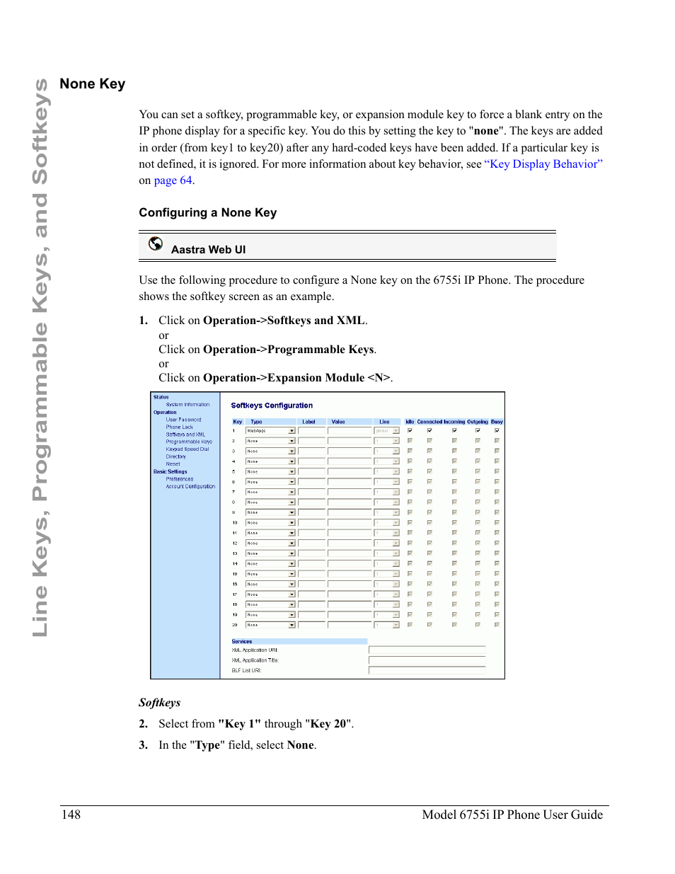 None key, Configuring a none key, Line keys, programmable keys, and softkeys | Aastra Telecom 6755i User Manual | Page 156 / 276