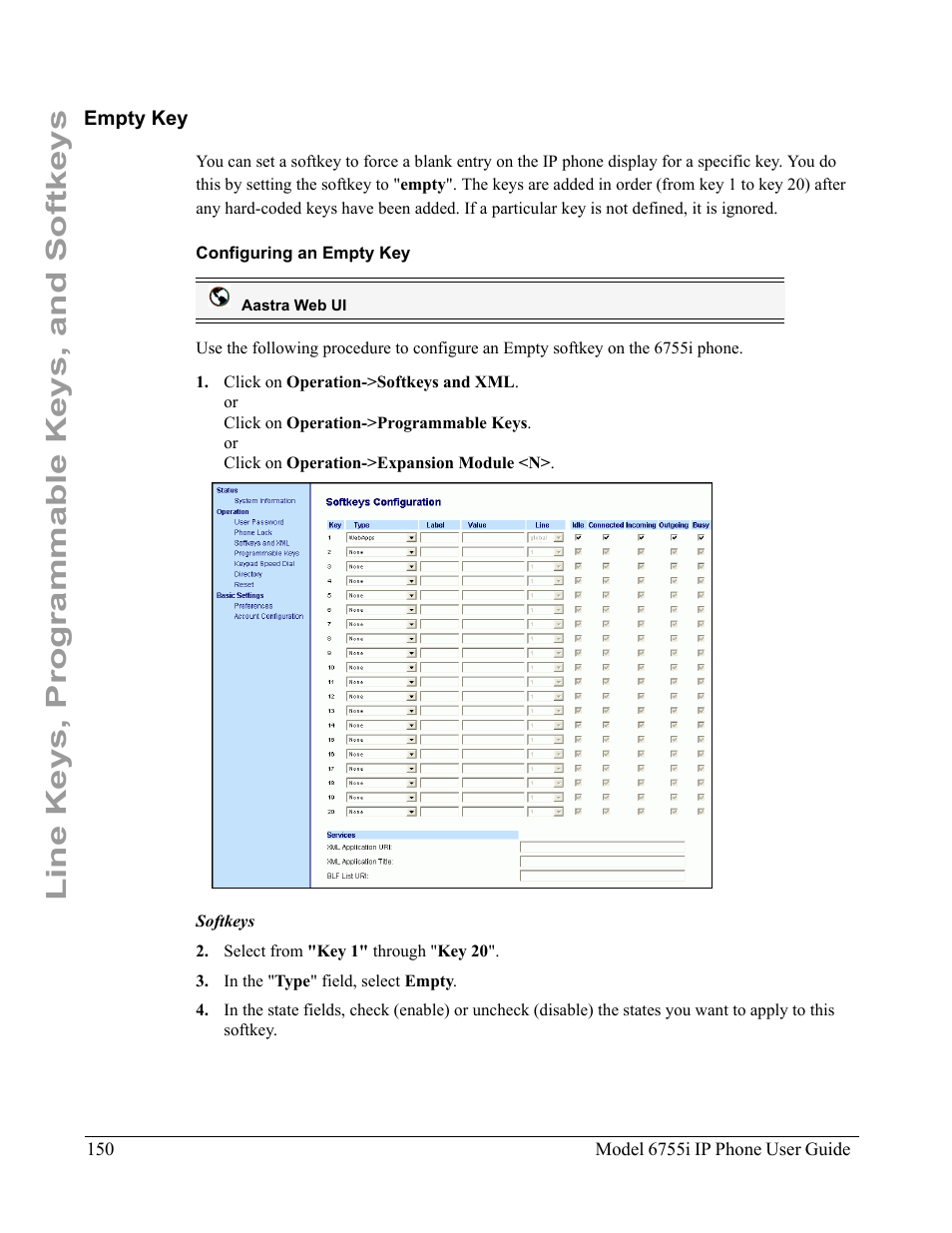 Empty key, Configuring an empty key, Line keys, programmable keys, and softkeys | Aastra Telecom 6755i User Manual | Page 158 / 276