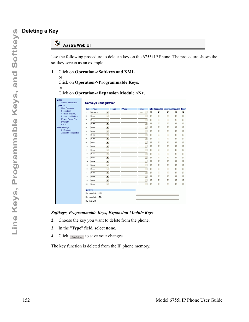 Deleting a key, Line keys, programmable keys, and softkeys | Aastra Telecom 6755i User Manual | Page 160 / 276