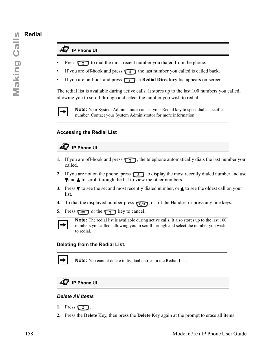 Redial, Accessing the redial list, Deleting from the redial list | Delete all items, Making calls | Aastra Telecom 6755i User Manual | Page 166 / 276