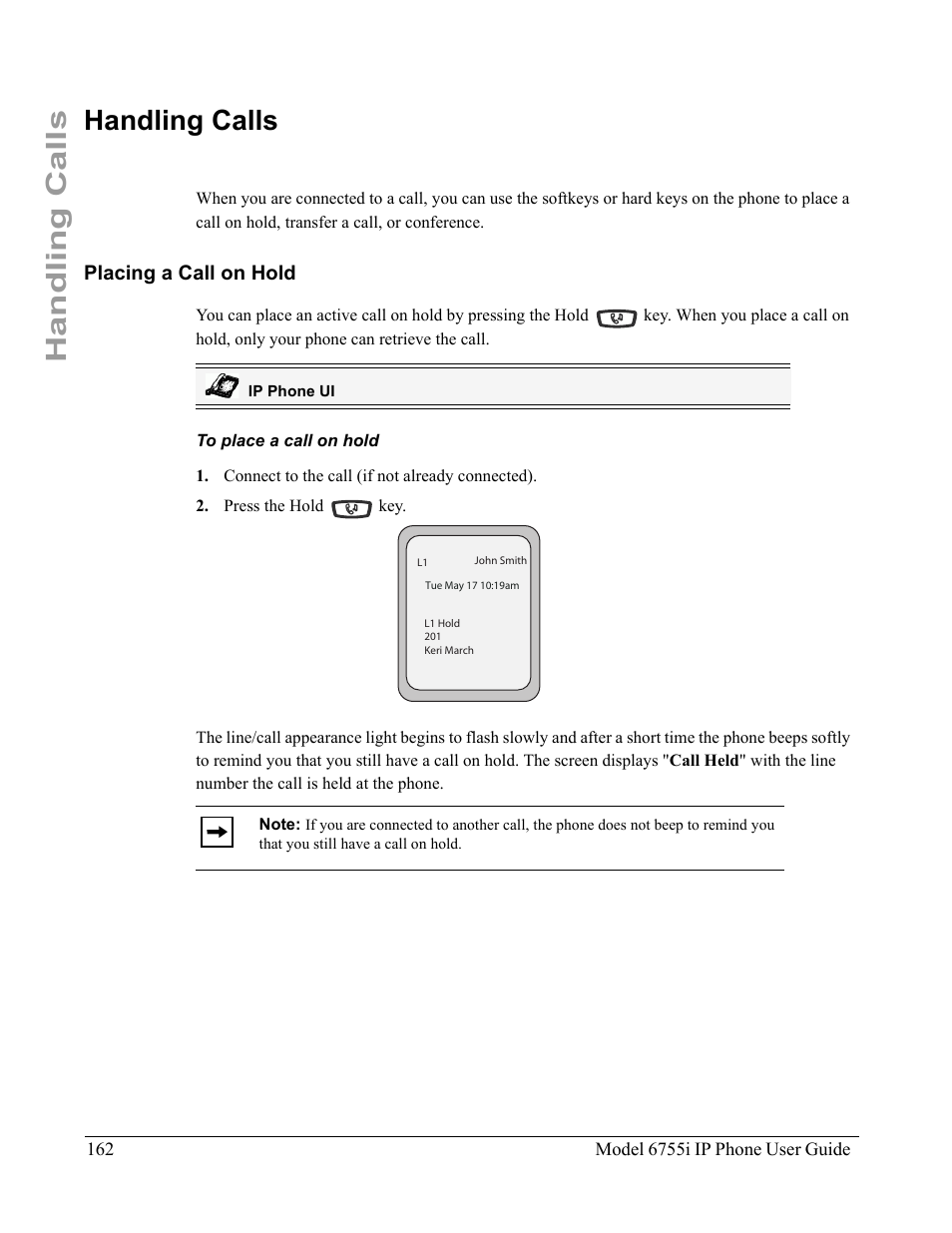 Handling calls, Placing a call on hold, To place a call on hold | Aastra Telecom 6755i User Manual | Page 170 / 276