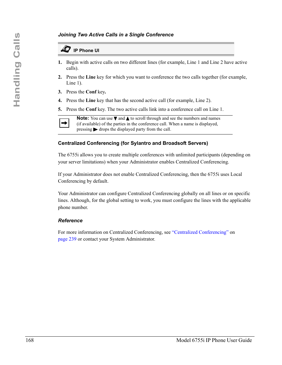 Joining two active calls in a single conference, Reference, Handling calls | Aastra Telecom 6755i User Manual | Page 176 / 276