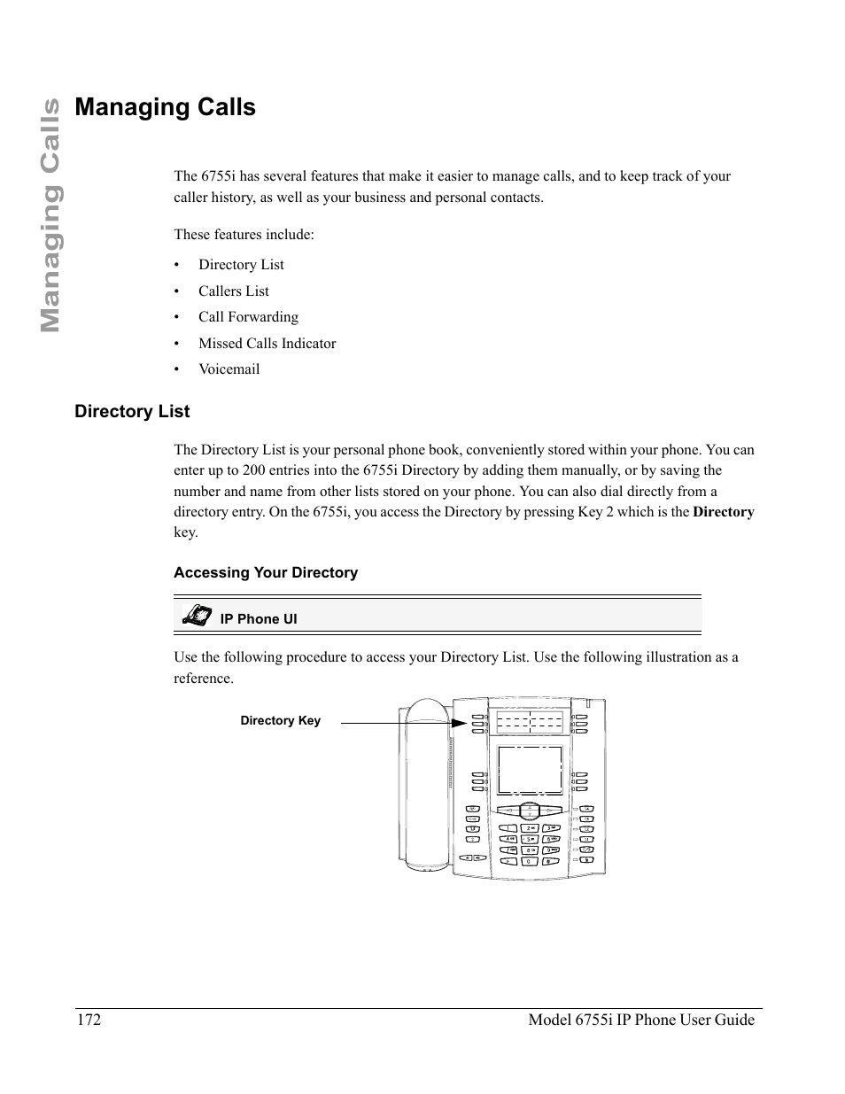 Managing calls, Directory list, Accessing your directory | Aastra Telecom 6755i User Manual | Page 180 / 276