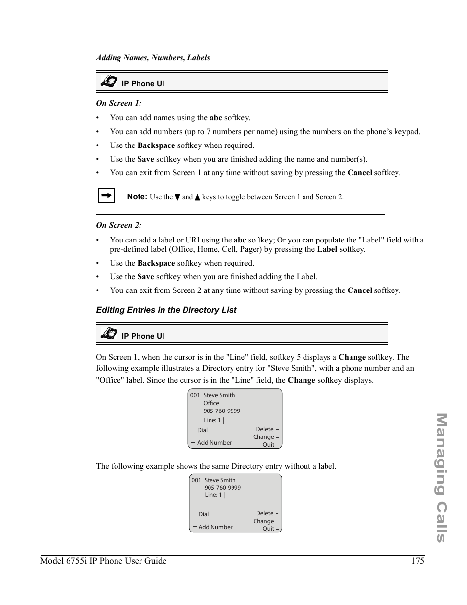 Editing entries in the directory list, Managing calls | Aastra Telecom 6755i User Manual | Page 183 / 276