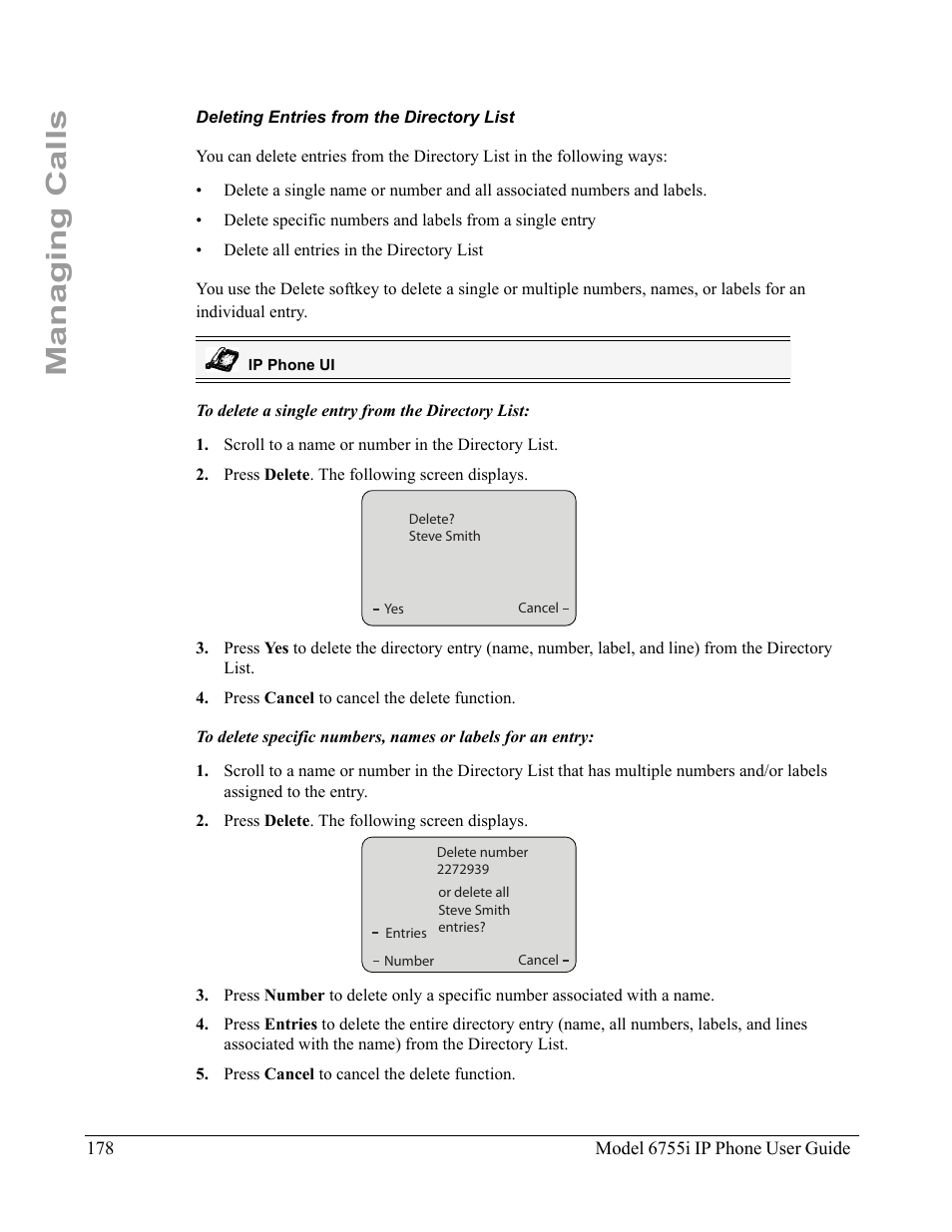 Deleting entries from the directory list, Managing calls | Aastra Telecom 6755i User Manual | Page 186 / 276