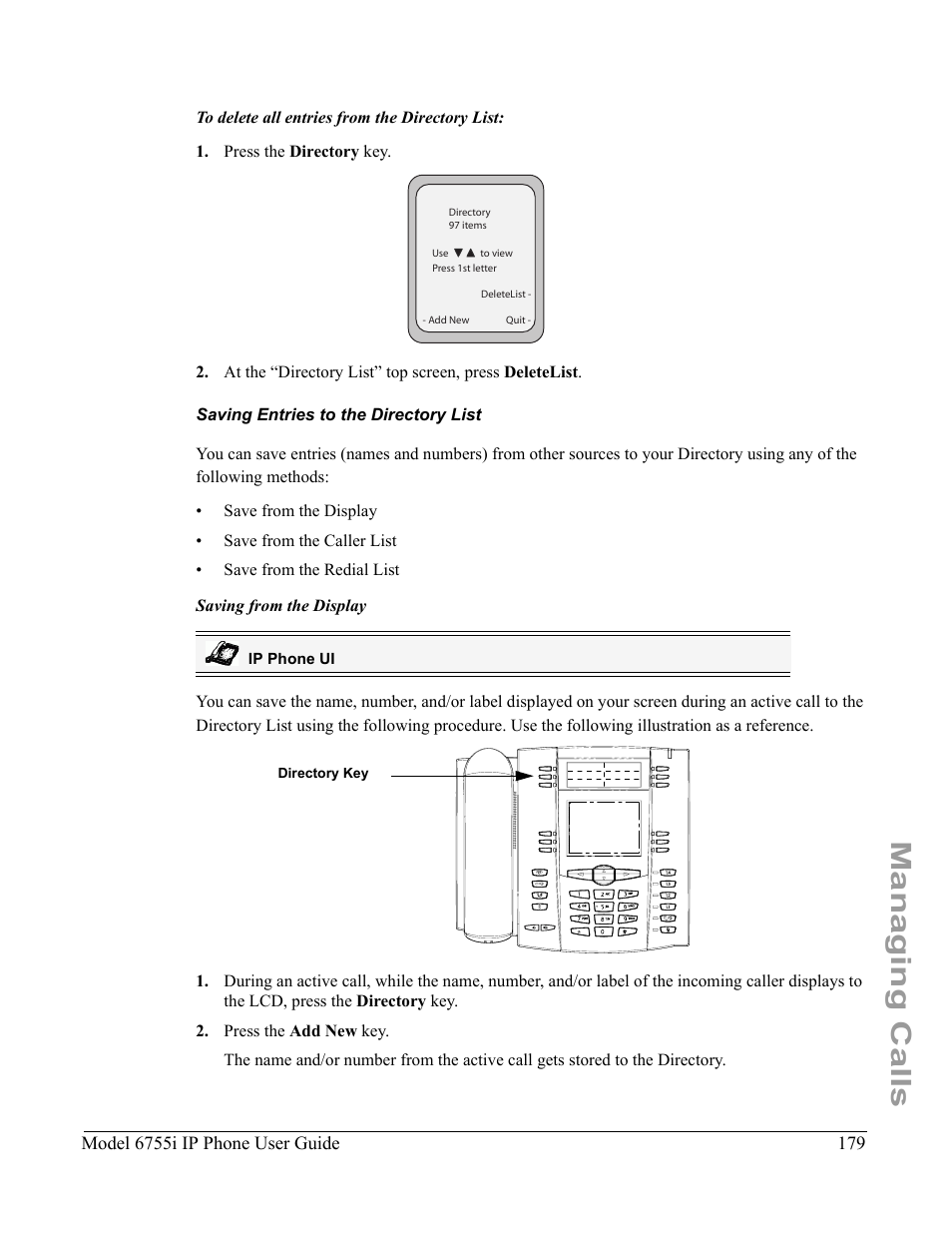 Saving entries to the directory list, Managing calls | Aastra Telecom 6755i User Manual | Page 187 / 276
